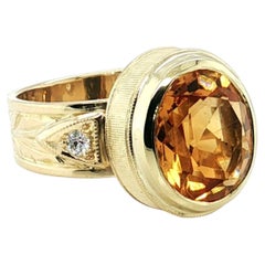 Artisan Bezel Set Citrine & Diamond Handmade Engraved Band Ring 18k Yellow Gold