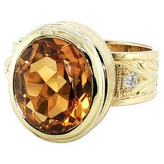 Artisan Bezel Set Citrine & Diamond Handmade Engraved Band Ring 18k Yellow Gold