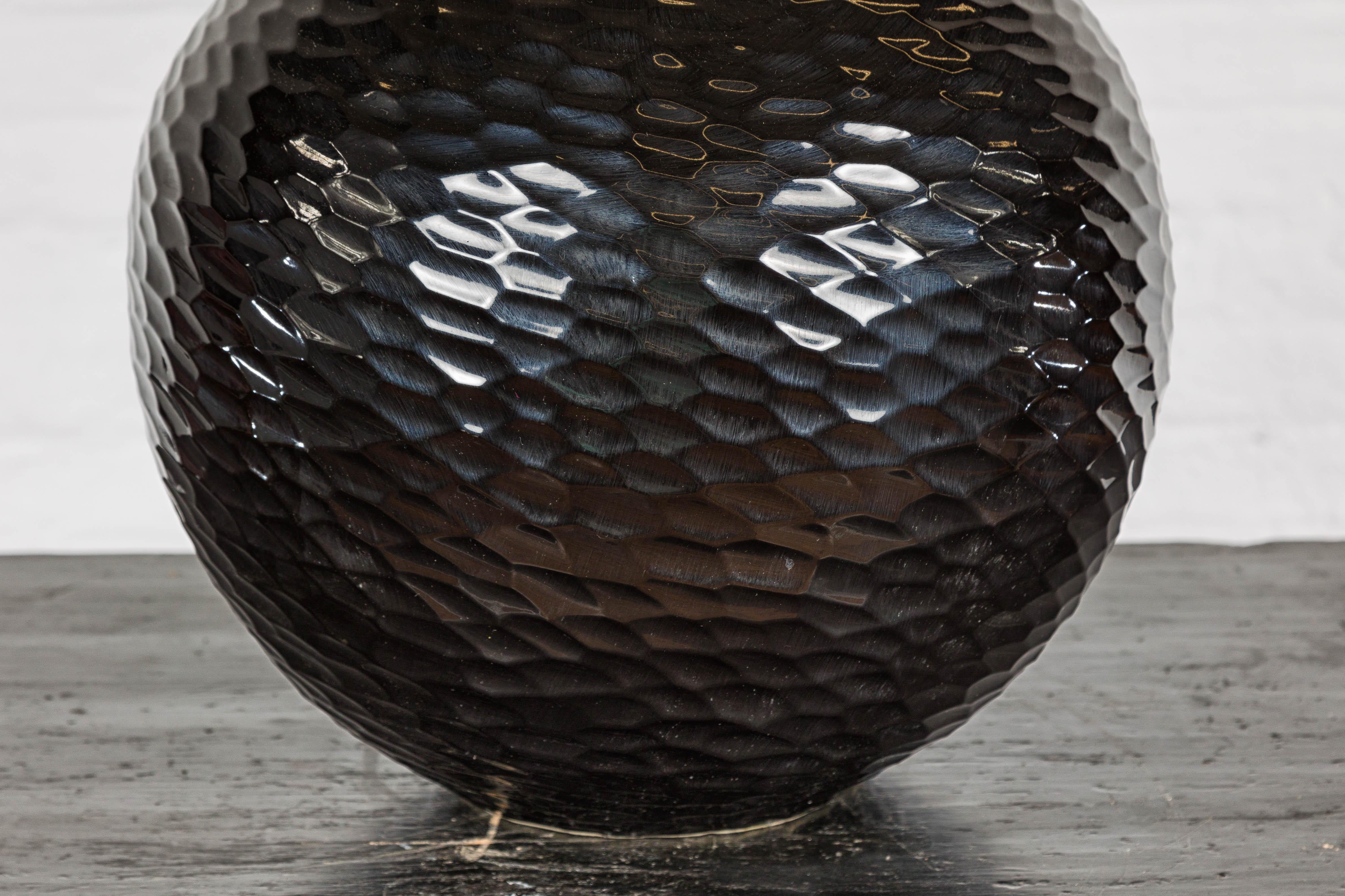 Artisan Black Glazed Bulb Shaped Vase with Honeycomb Patterns and Narrow Mouth For Sale 7