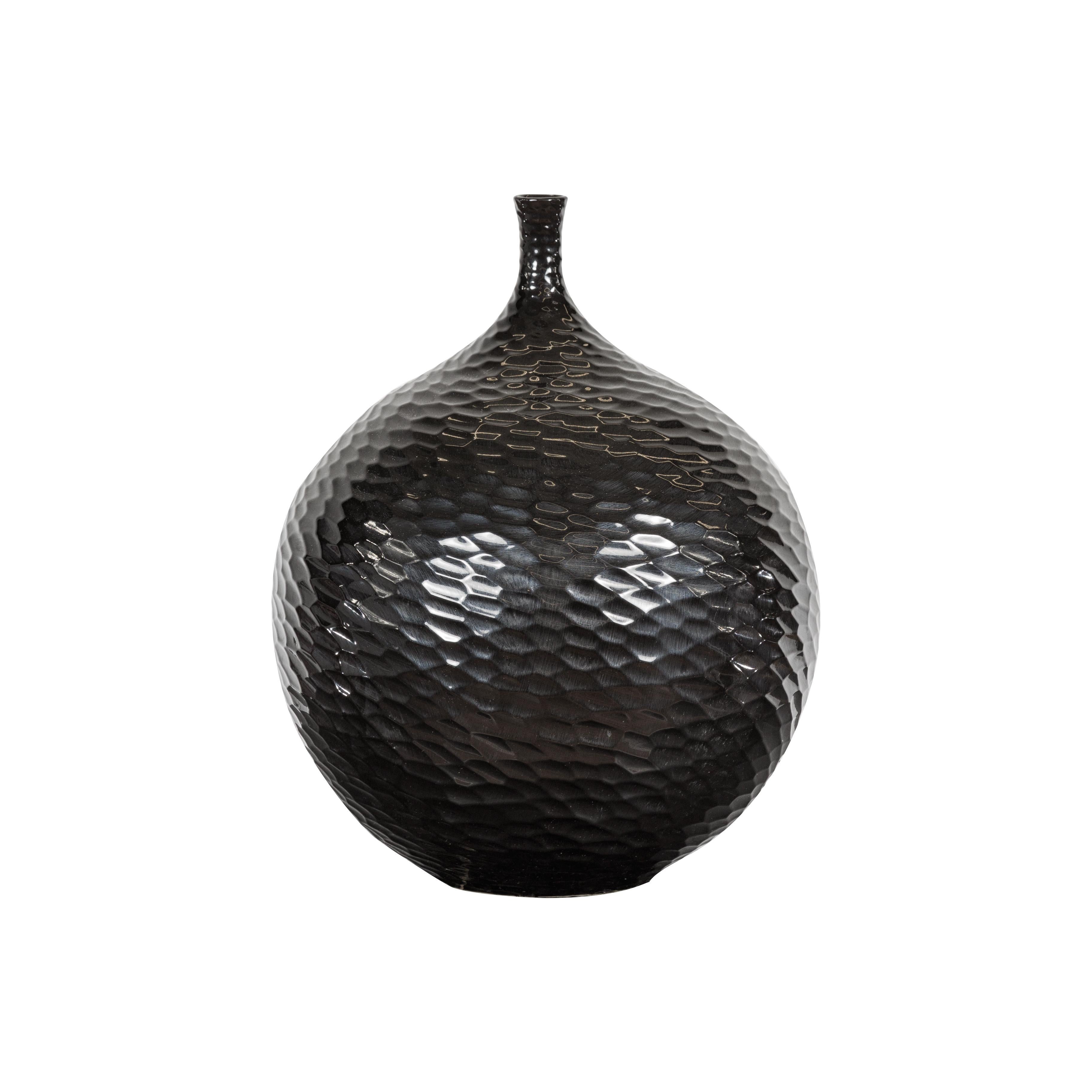 Artisan Black Glazed Bulb Shaped Vase with Honeycomb Patterns and Narrow Mouth For Sale 15