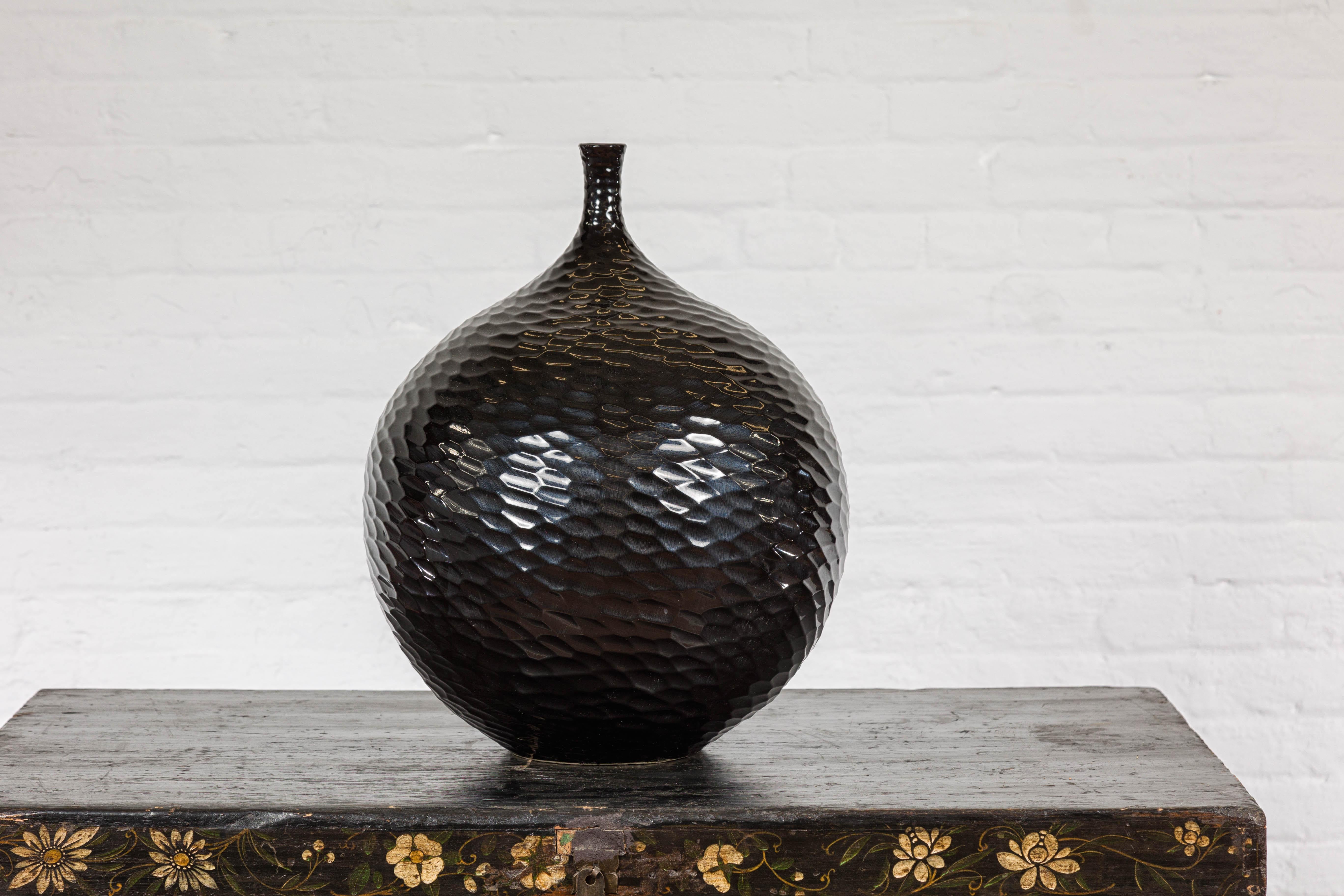 Ceramic Artisan Black Glazed Bulb Shaped Vase with Honeycomb Patterns and Narrow Mouth For Sale