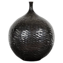 Vintage Artisan Black Glazed Bulb Shaped Vase with Honeycomb Patterns and Narrow Mouth