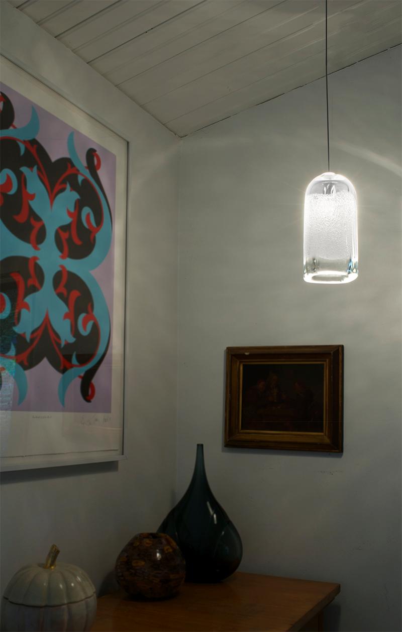 Mid-Century Modern Petite lampe à suspension carrée transparente, en verre soufflé à la main, fabriquée sur commande en vente