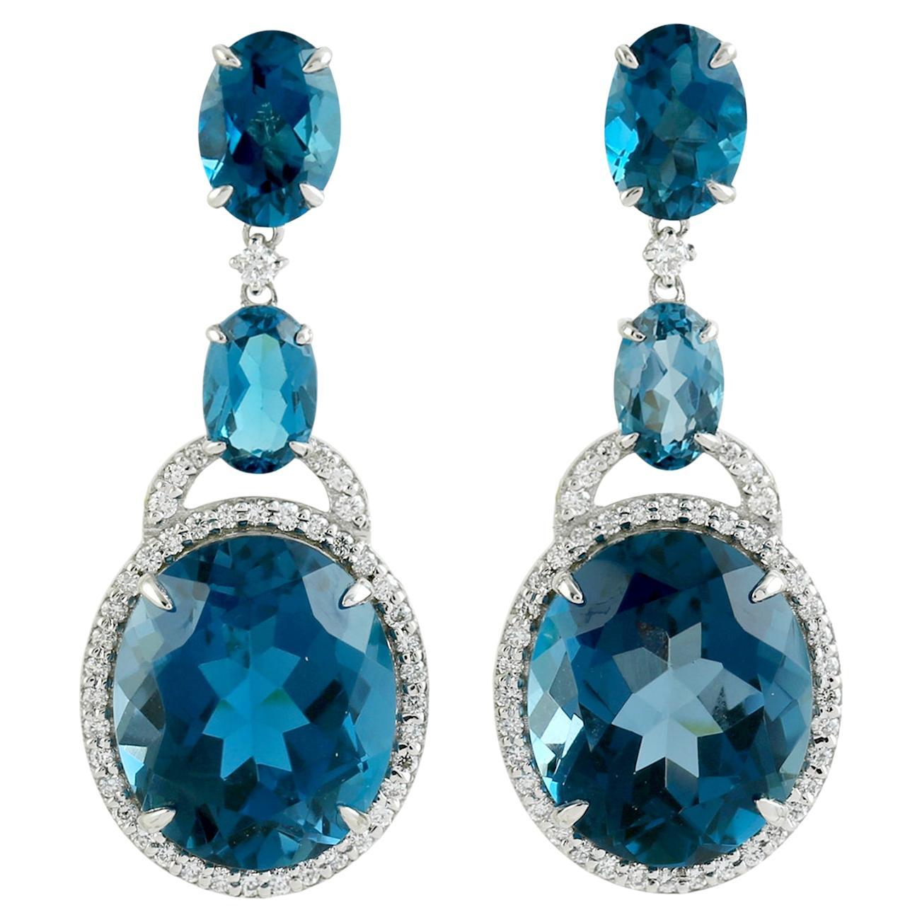 Artisan Blue Topaz Drop Earrings With Diamonds In 14K White Gold