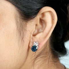 Artisan Blue Topaz Stud Earrings With Diamonds 14K White Gold