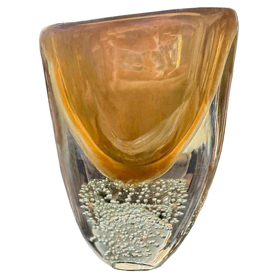 Artisan Blush and Amber Tall Murano Sommerso Glass Vase with Gold Inclusions
