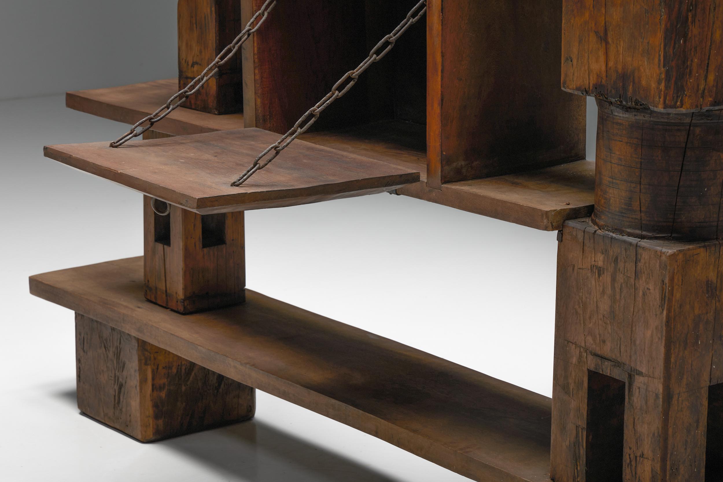 Kunsthandwerkliches Bücherregal, asymmetrischer Raumteiler aus Holz, 1950er Jahre 4