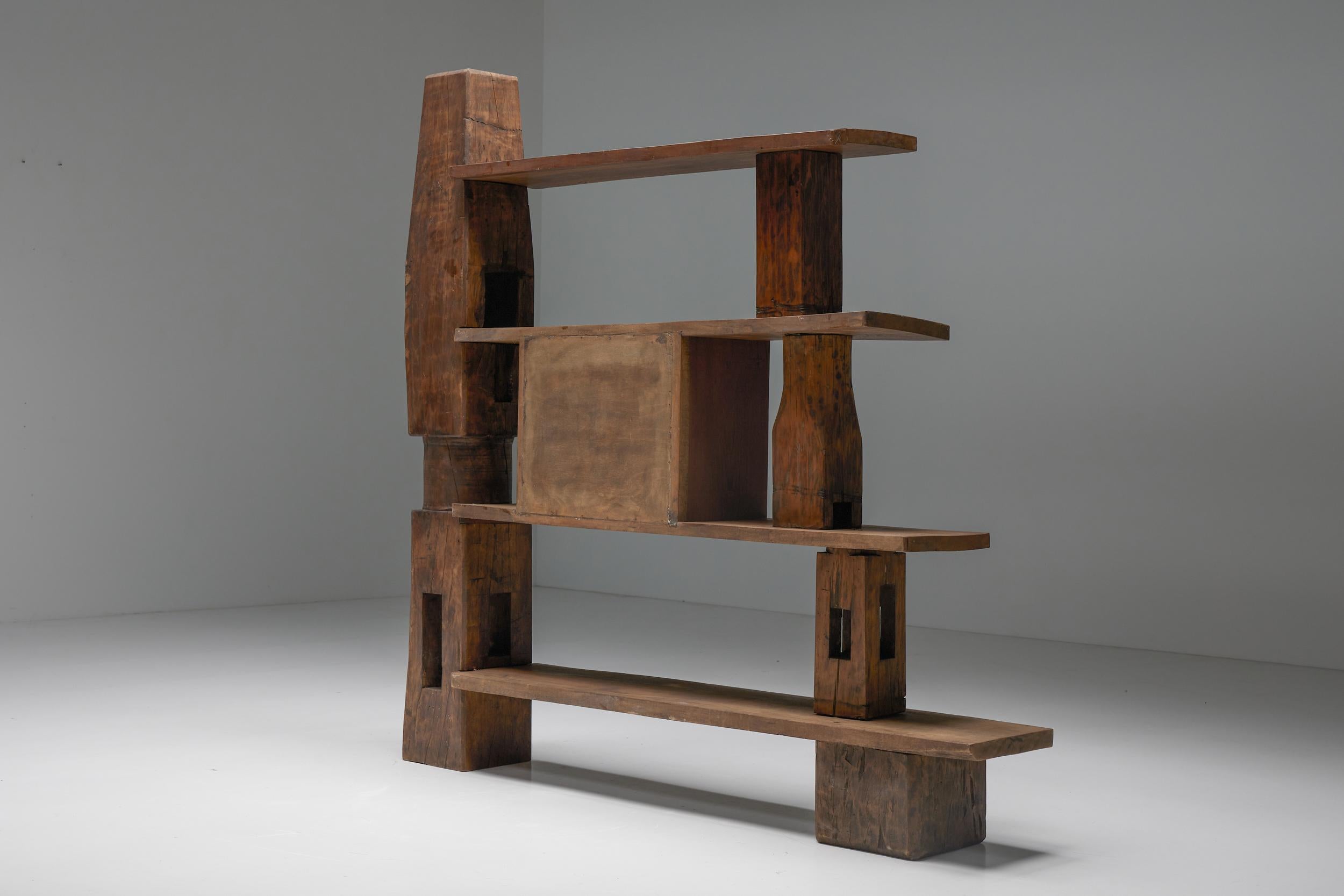 Mid-20th Century Artisan Bookshelf, Asymmetrical Room Divider Unit in Wood, 1950s