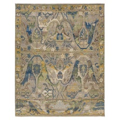 Artisan Botanical Modern Bidjar Style Wool Area Rug In slate-gray Color