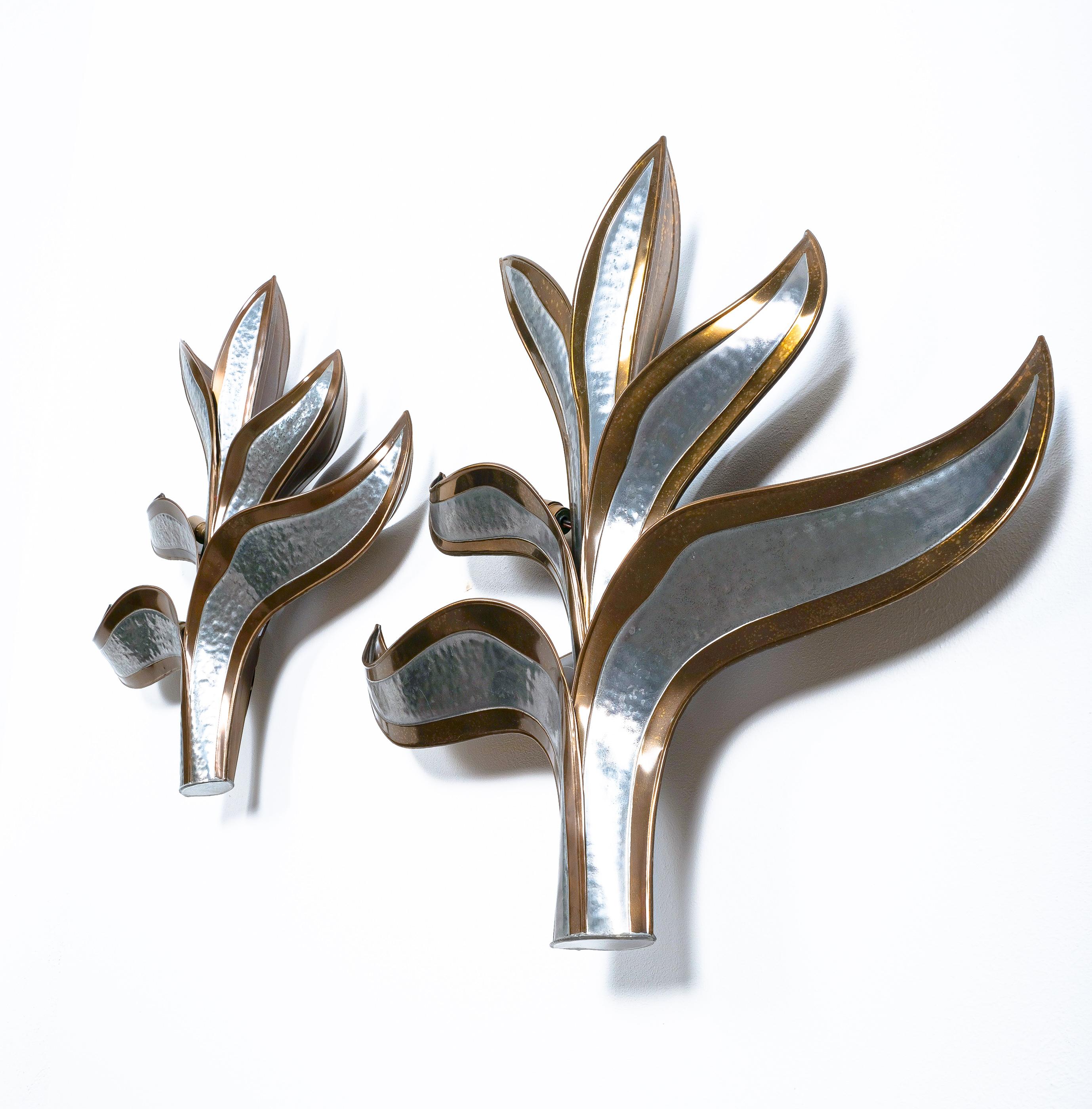 Mid-20th Century Henri Fernandez Artisan Brass Palm Giant Wall Lamps France, 1960 For Sale