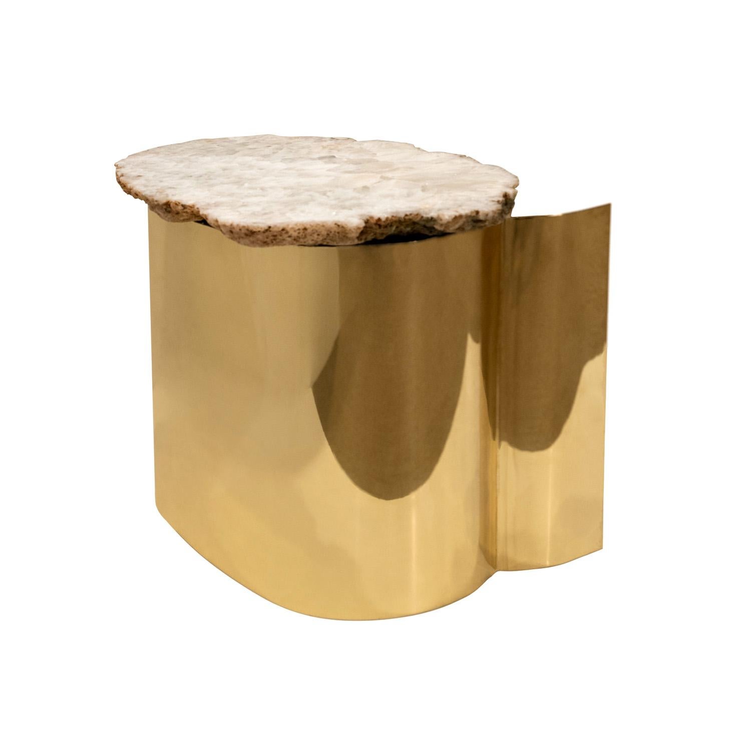 Hand-Crafted Artisan Brass Side Table with Polished Onyx Top 1970s