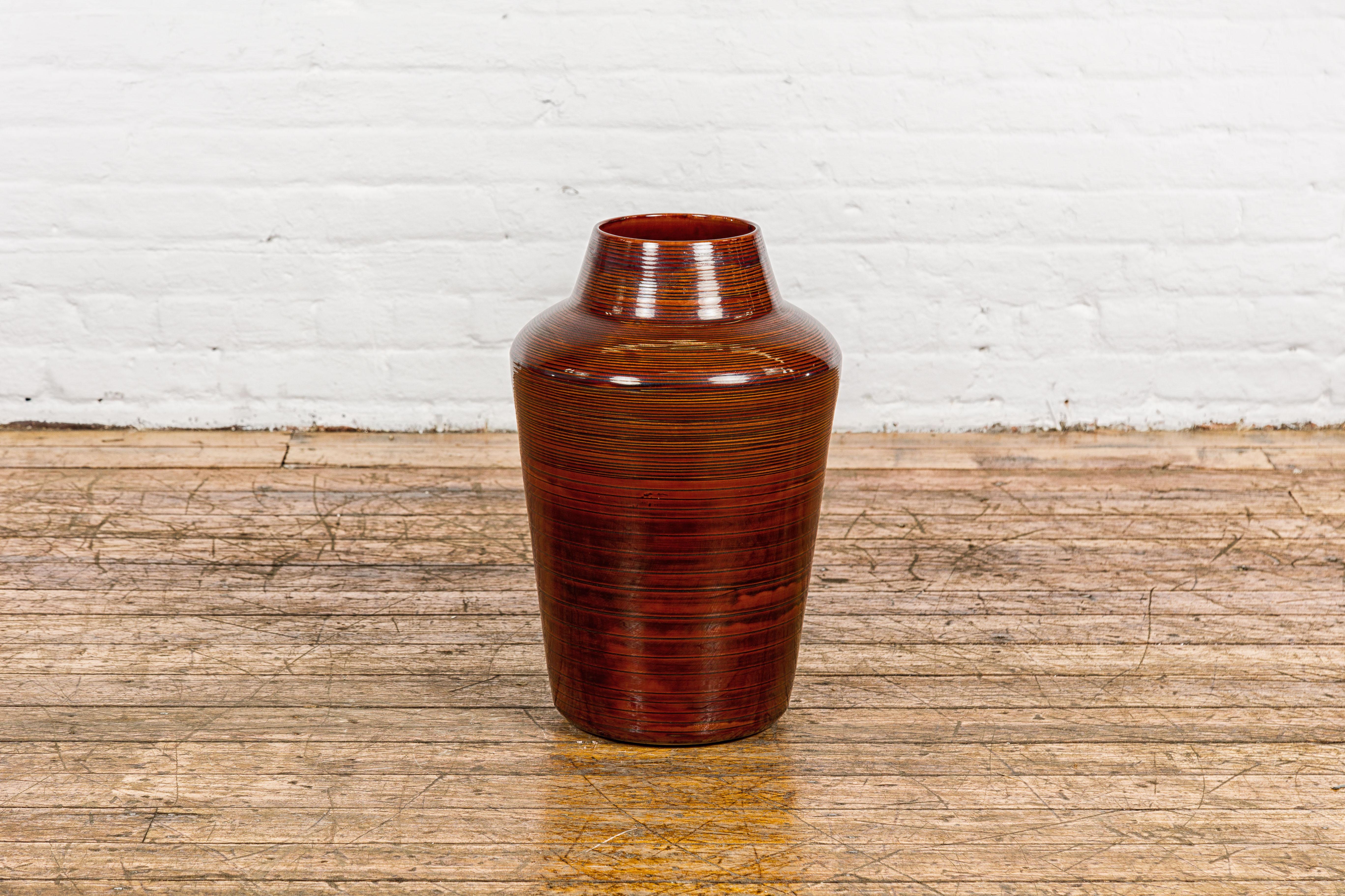 Artisan Brown Glaze Vase with Black Concentric Motifs and Tapering Lines For Sale 7
