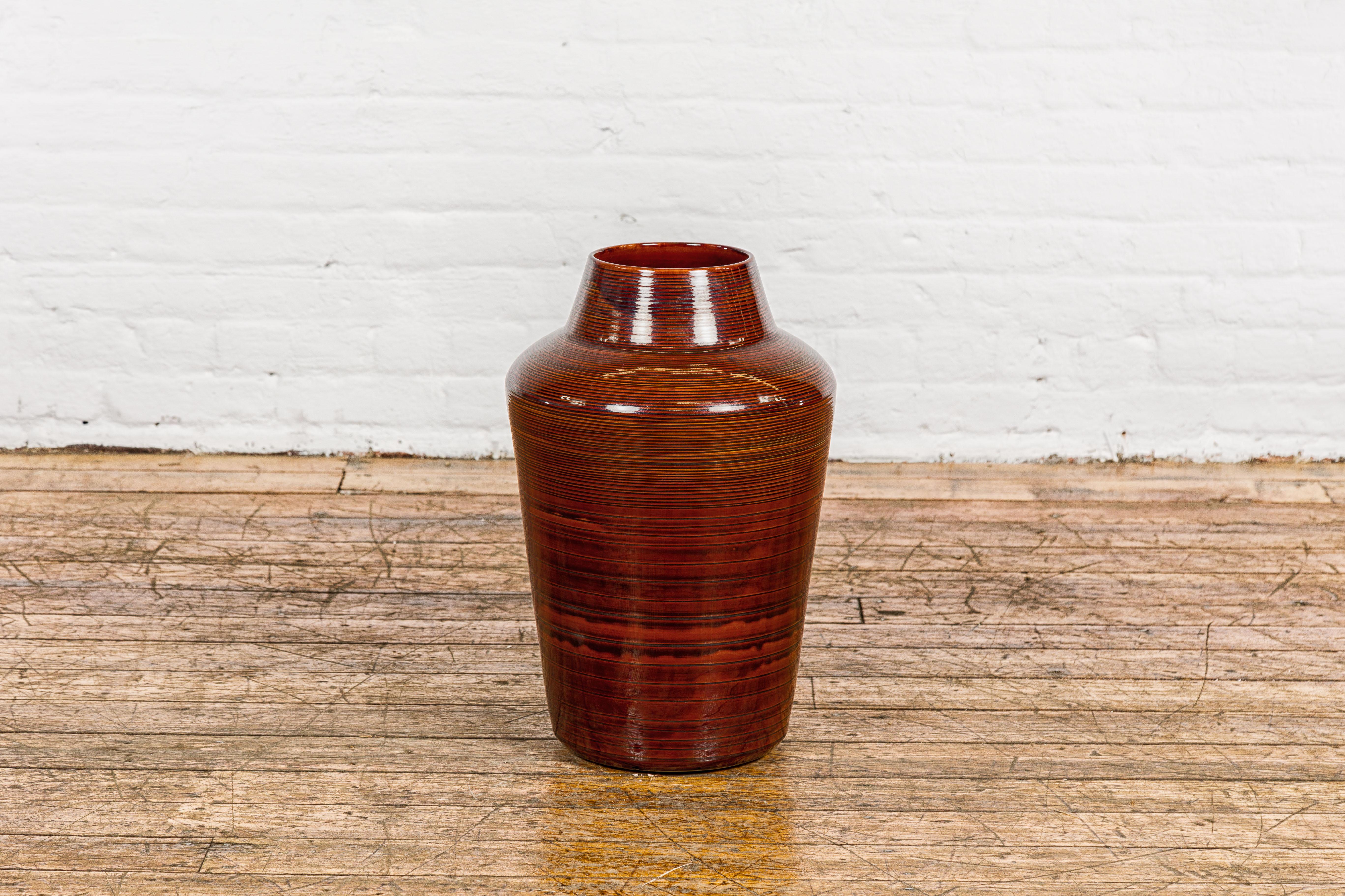 Artisan Brown Glaze Vase with Black Concentric Motifs and Tapering Lines For Sale 9