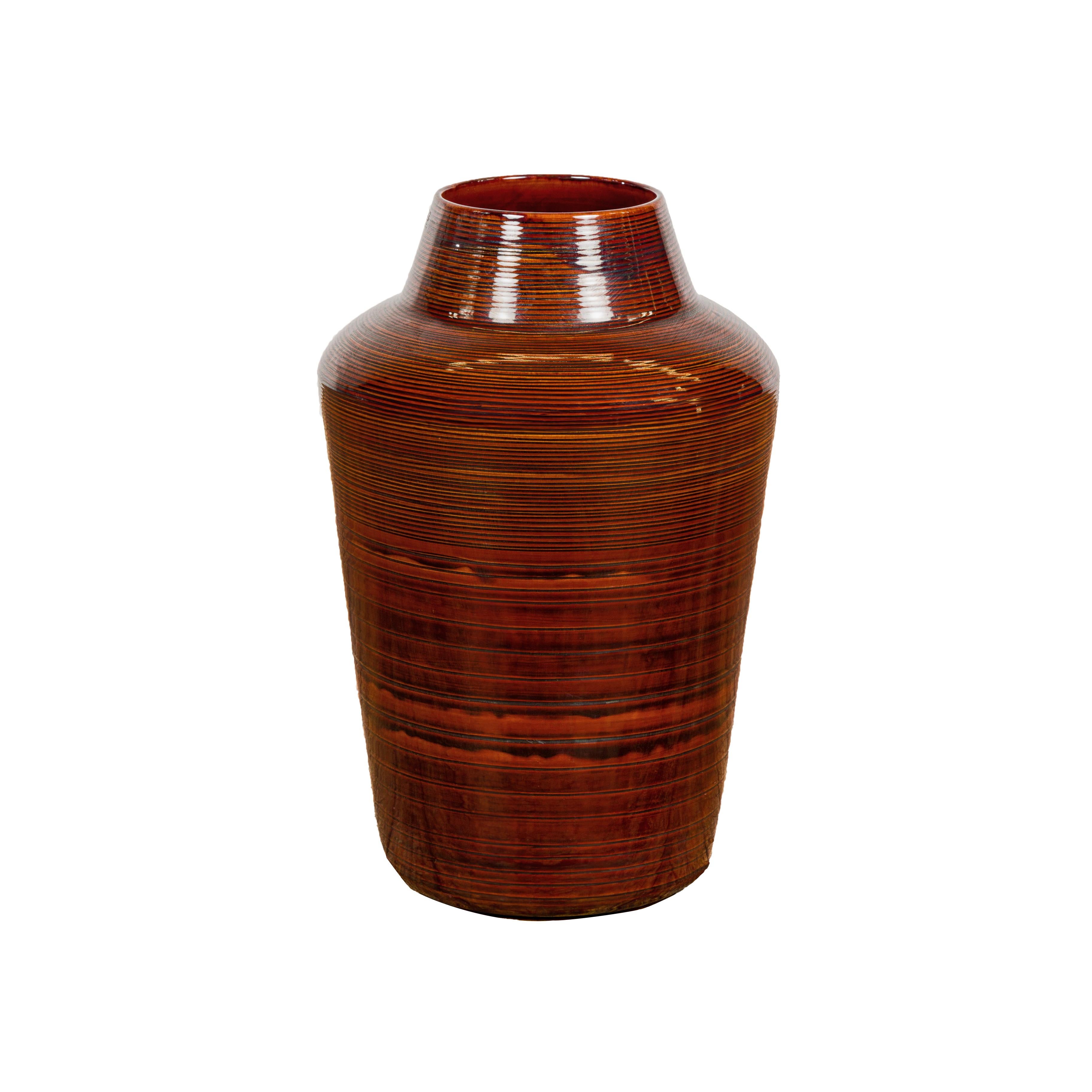 Artisan Brown Glaze Vase with Black Concentric Motifs and Tapering Lines For Sale 11