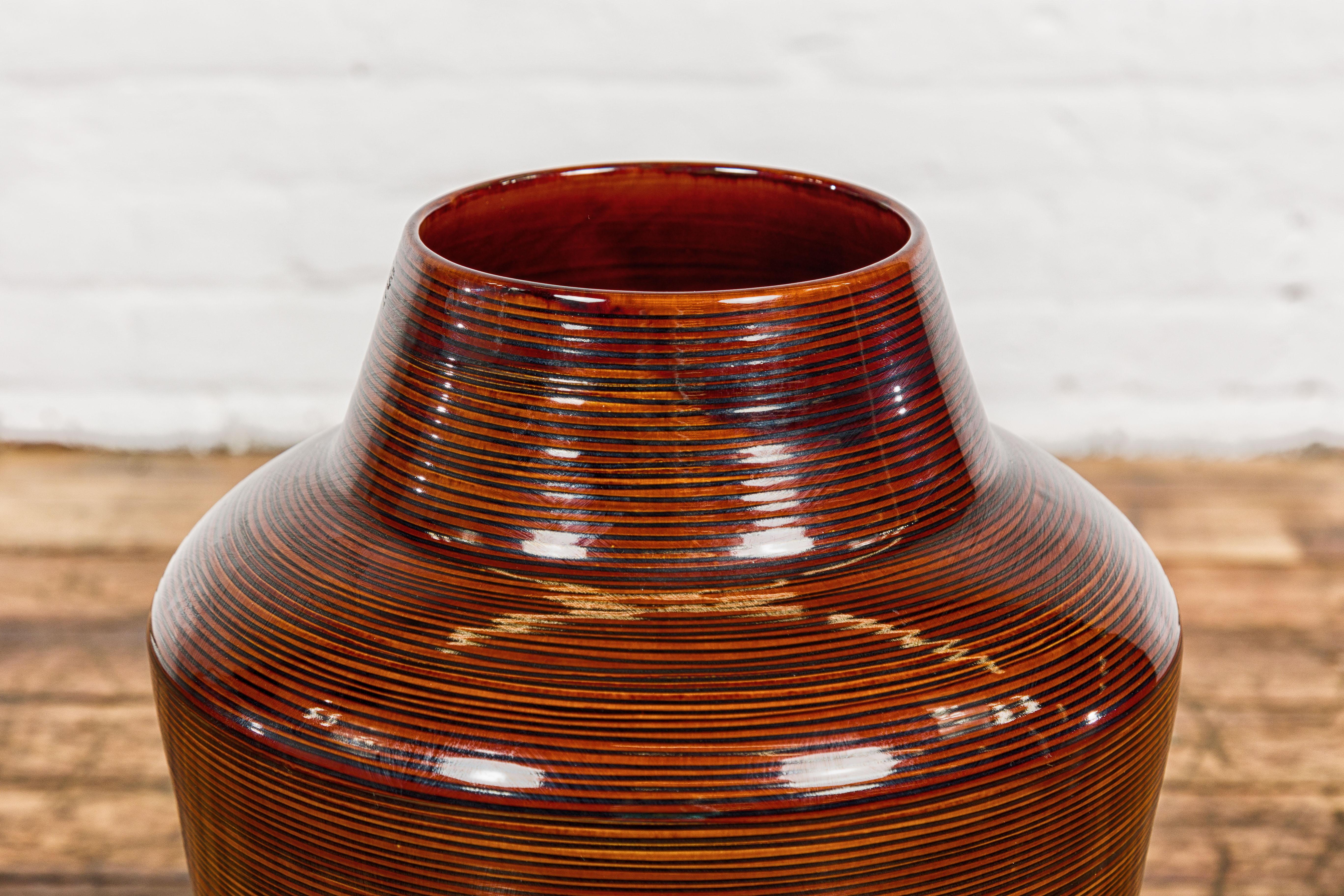 Contemporary Artisan Brown Glaze Vase with Black Concentric Motifs and Tapering Lines For Sale