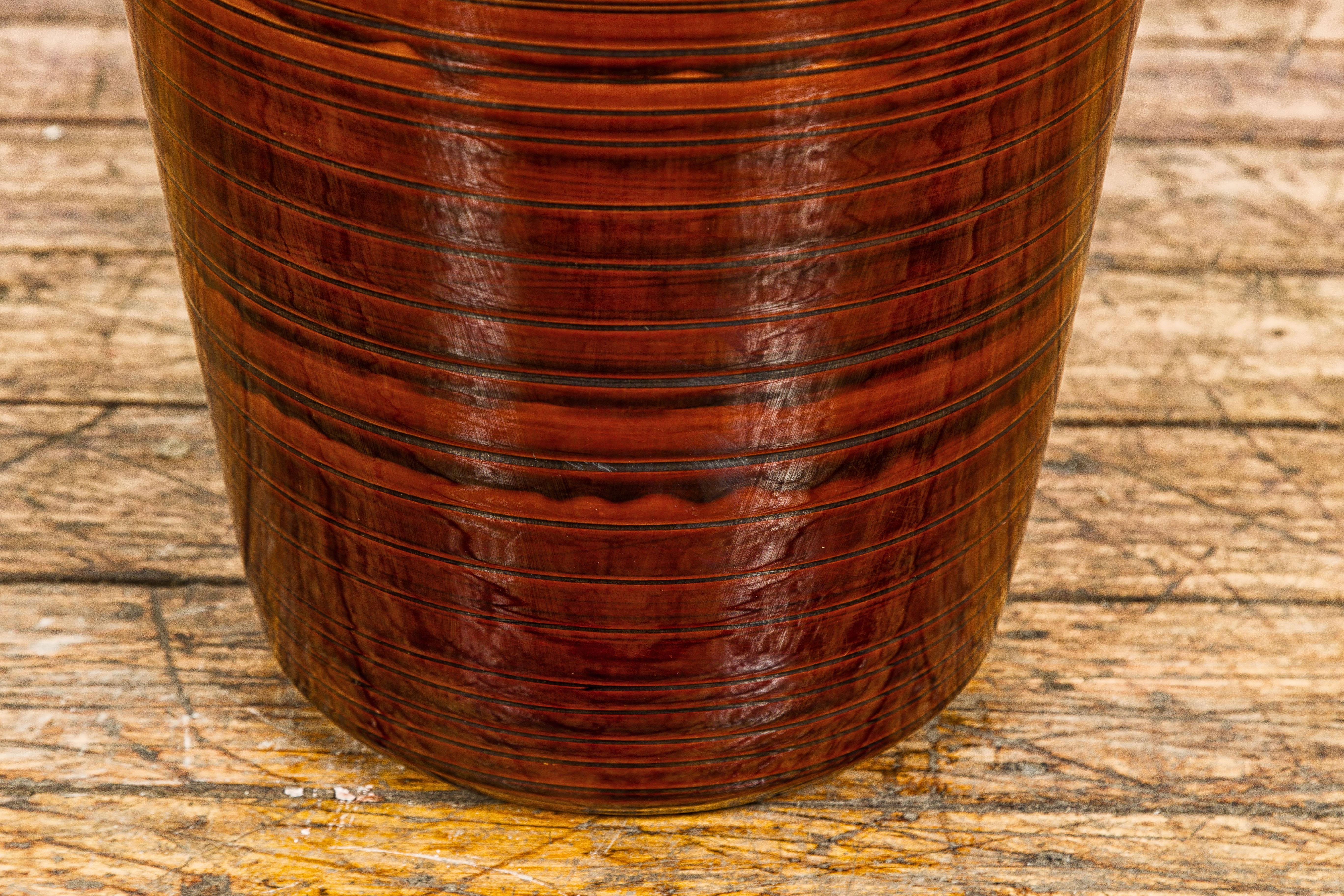 Artisan Brown Glaze Vase with Black Concentric Motifs and Tapering Lines For Sale 2