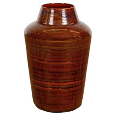 Artisan Brown Glaze Vase with Black Concentric Motifs and Tapering Lines