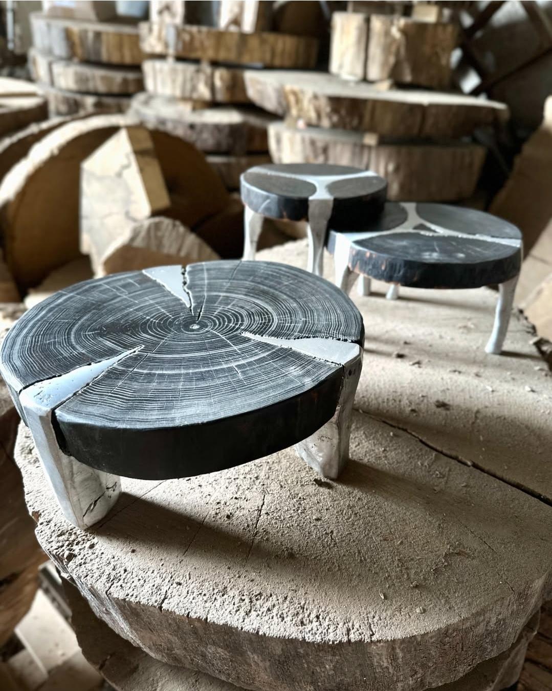 Moldovan Brutalist Cast Aluminum & Oak Coffee Table with Sculptural Form by Sergio Vulpe For Sale