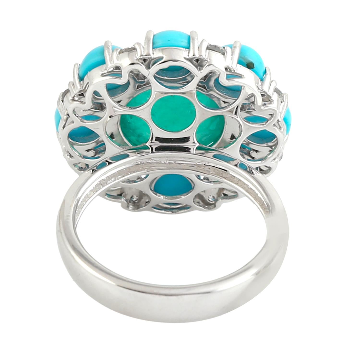 Artisan Cabochon Smaragd Cluster Ring mit Türkis Diamant 18K Weißgold (Kunsthandwerker*in) im Angebot
