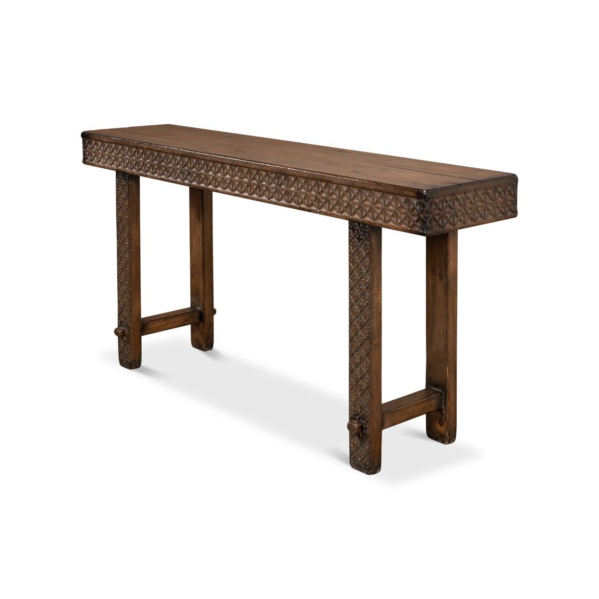 Rustic Artisan Carved Console Table For Sale