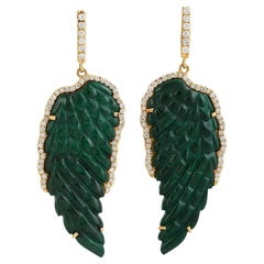 Artisan Carved Malachite Drop Earrings With Diamond In 18K Yellow Gold