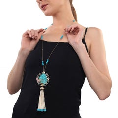 Artisan Carved Turquoise Floral 18k Gold Necklace with Diamonds & Pearl Tassel