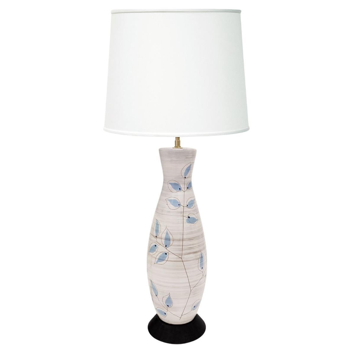Artisan Ceramic Table Lamp with Blue Leaves 1950s For Sale