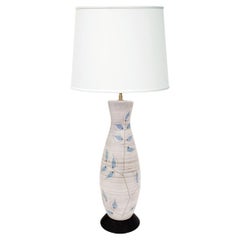 Artisan Ceramic Table Lamp with Blue Leaves 1950s