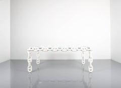 Artisan Chain Link Coffee Table Iron White Enameled Large, Belgium, 1970