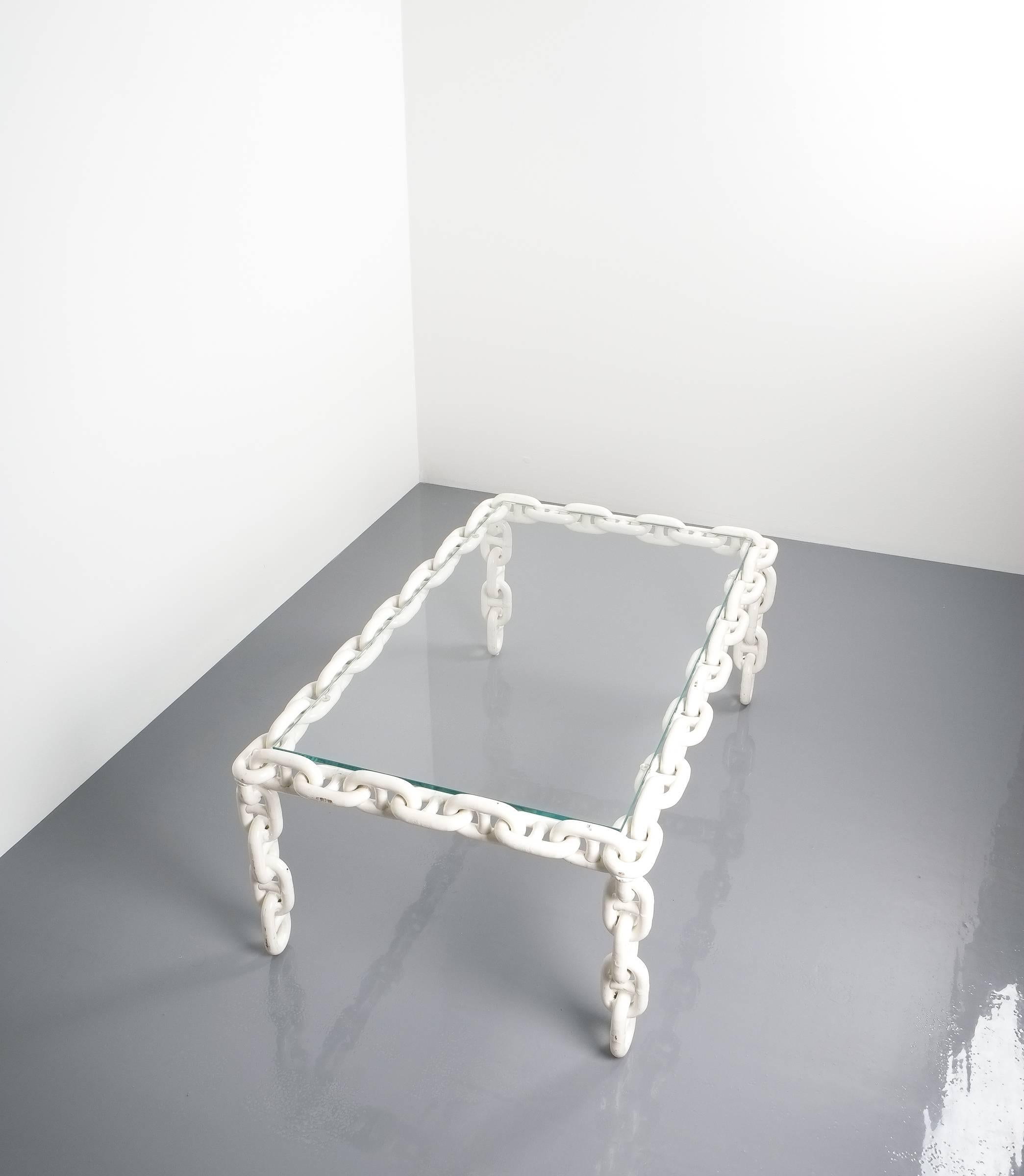 Belgian Artisan Chain Link Coffee Table Iron White Enameled Large, Belgium, 1970 For Sale