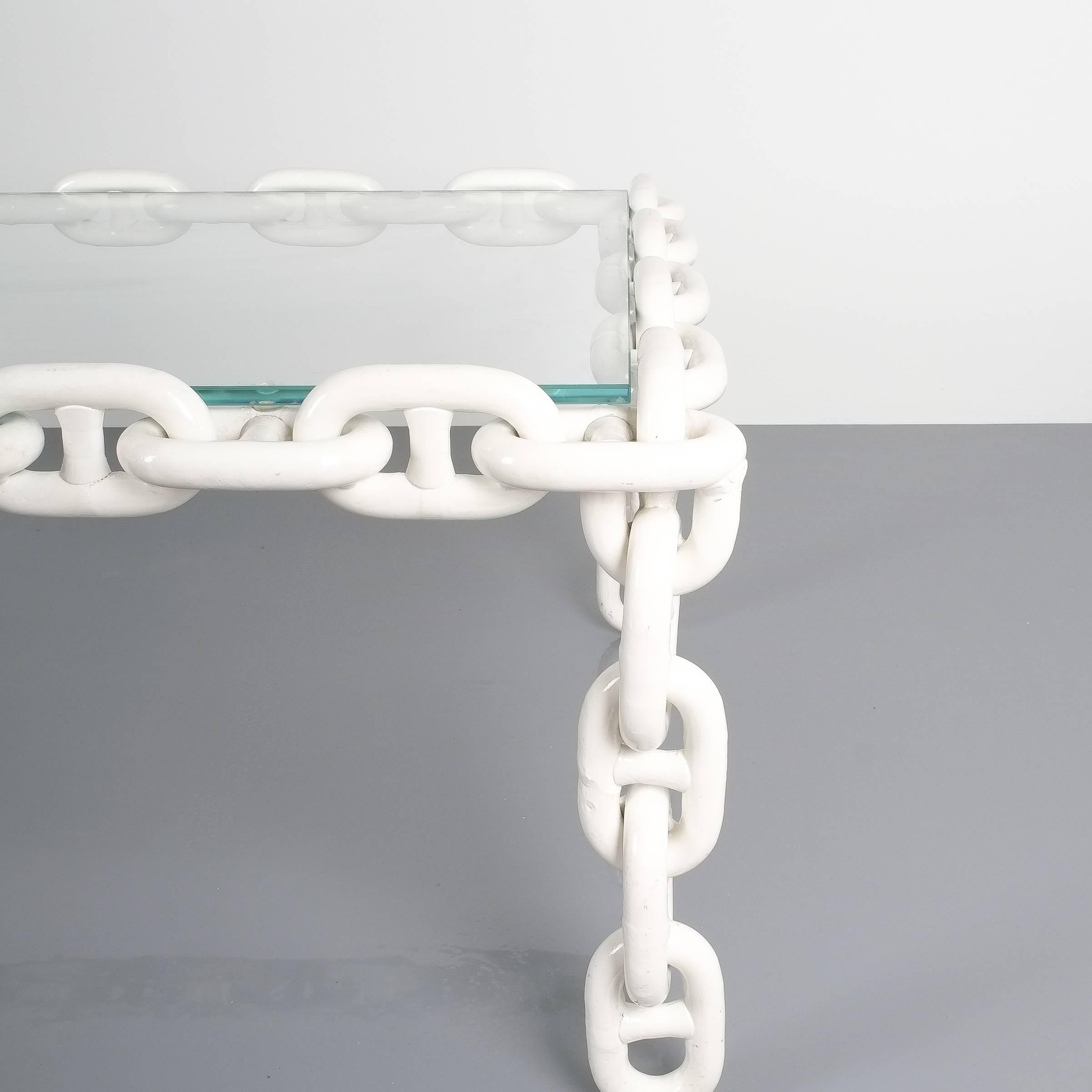Artisan Chain Link Coffee Table Iron White Enameled Large, Belgium, 1970 In Good Condition For Sale In Vienna, AT