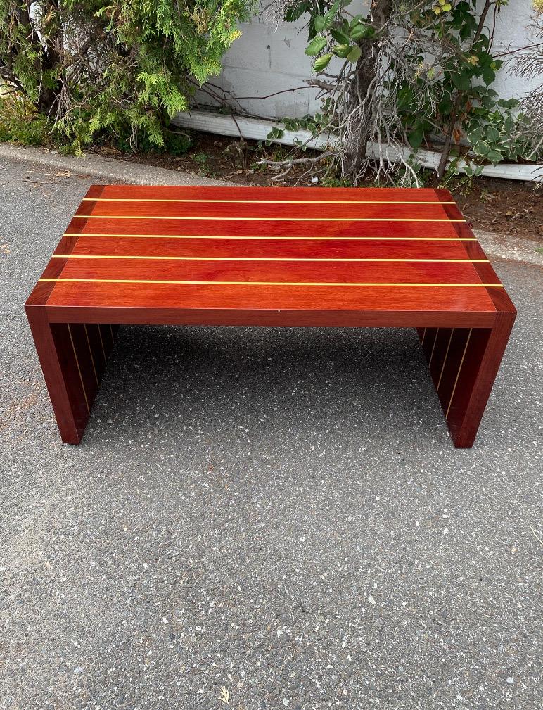 American Artisan Cherry, Mahogany & Birch Wood Inlay Table or Bench by T. Hartz from 1993 For Sale