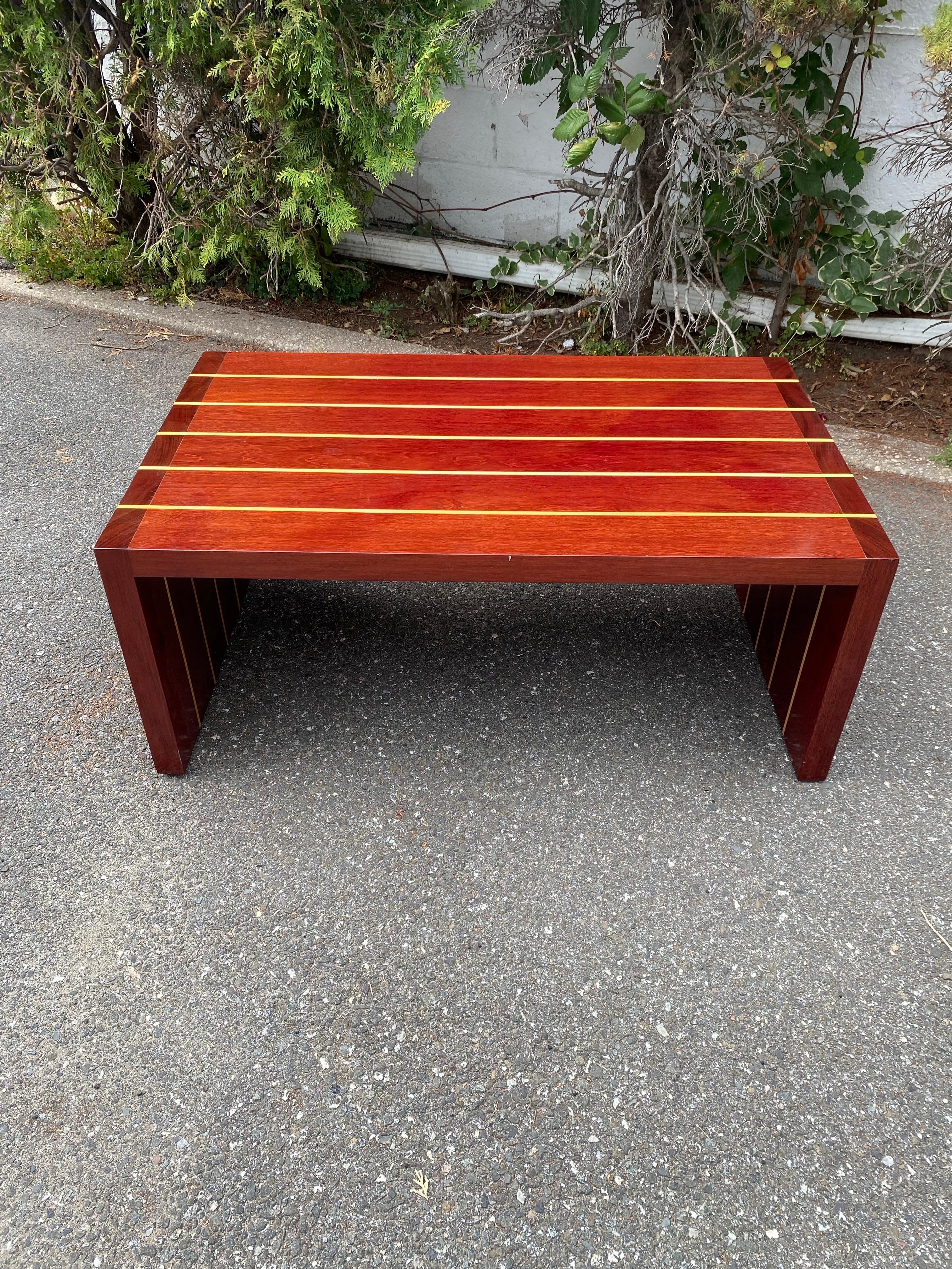 Artisan Cherry, Mahogany & Birch Wood Inlay Table or Bench by T. Hartz from 1993 In Good Condition For Sale In Montclair, NY