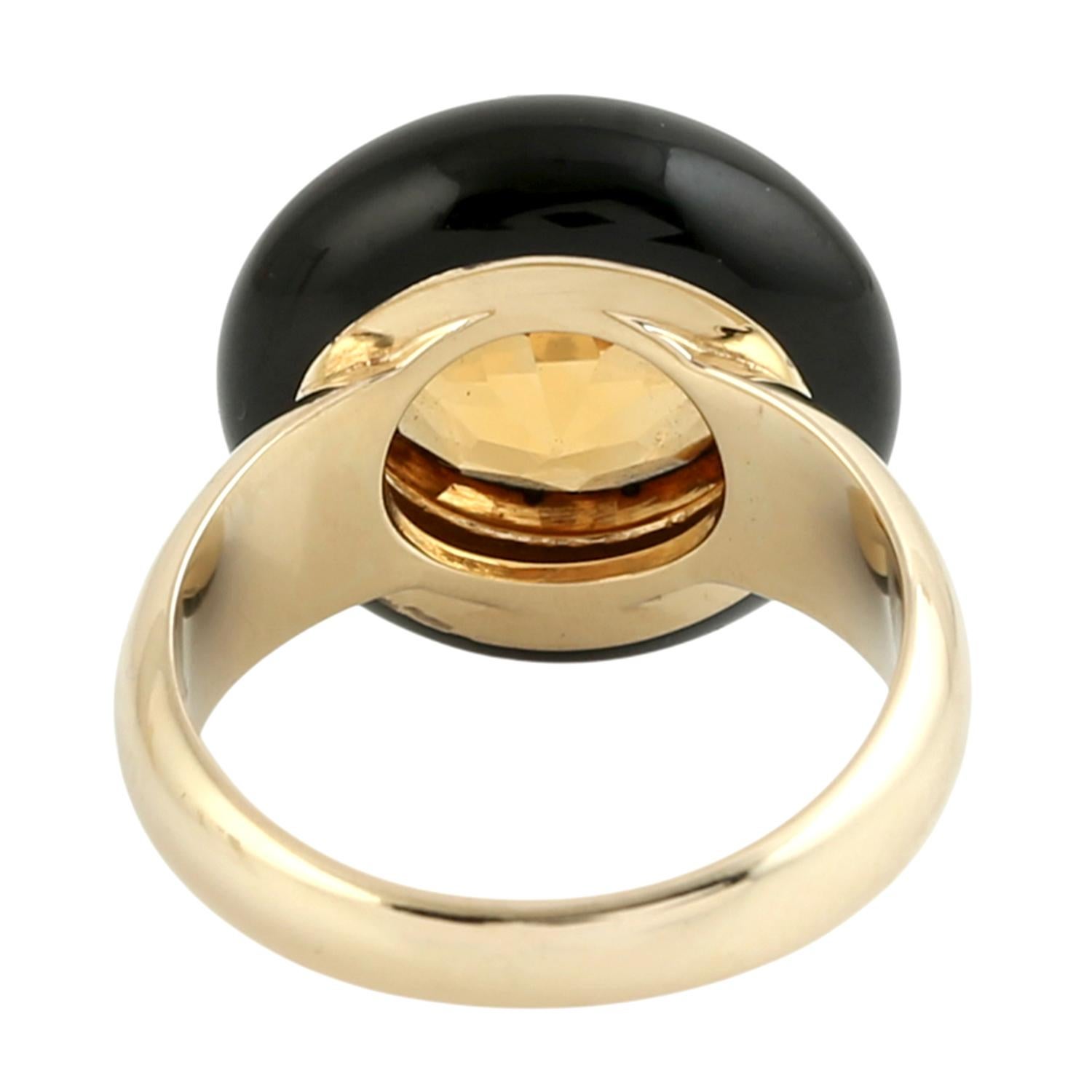 Art déco Bague cocktail artisanale en or jaune 14K avec émail de citrine en vente