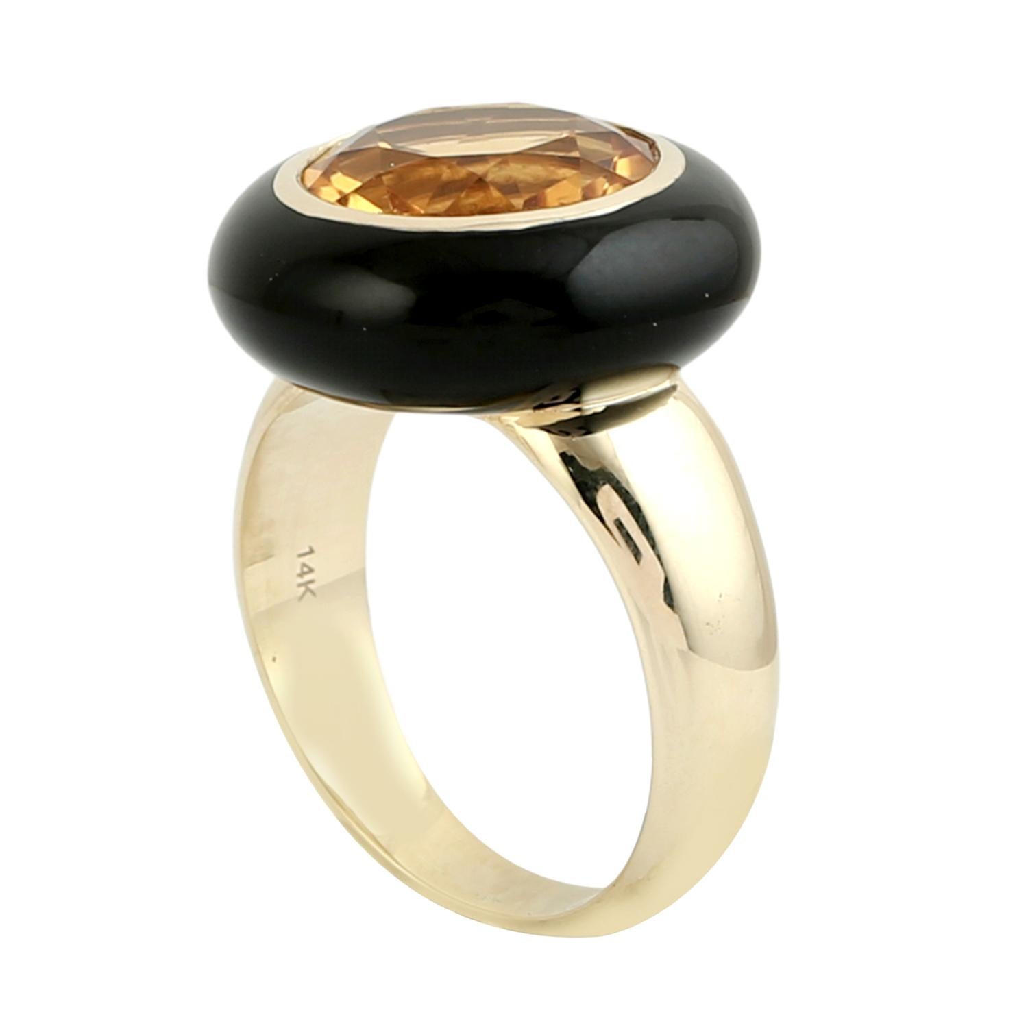 Taille mixte Bague cocktail artisanale en or jaune 14K avec émail de citrine en vente