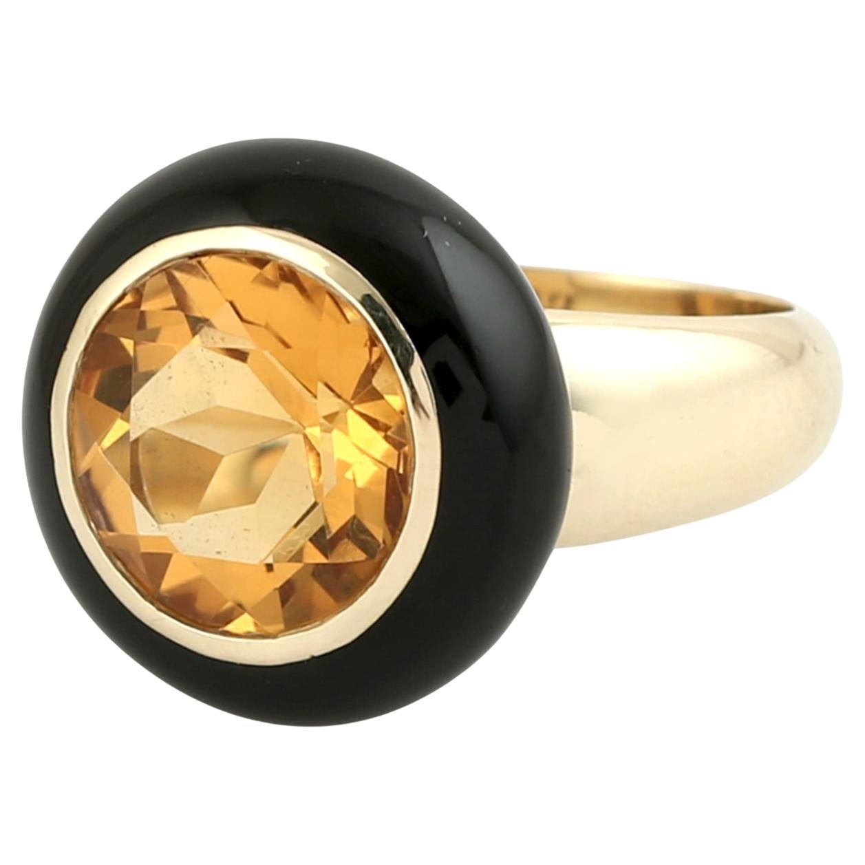 Bague cocktail artisanale en or jaune 14K avec émail de citrine en vente