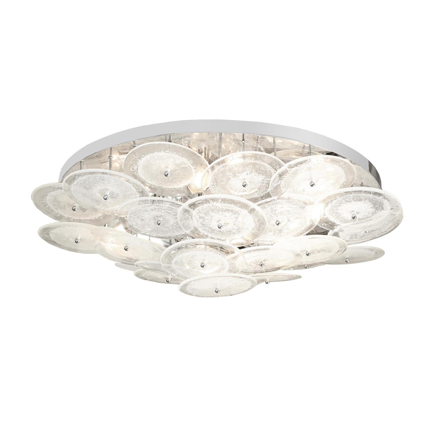 Hand-crafted Murano pulegoso clear glass disc flush mount fixture with polished nickel body. Italy.

Custom dimensions and glass colors are available. Lead time 6-8 weeks.