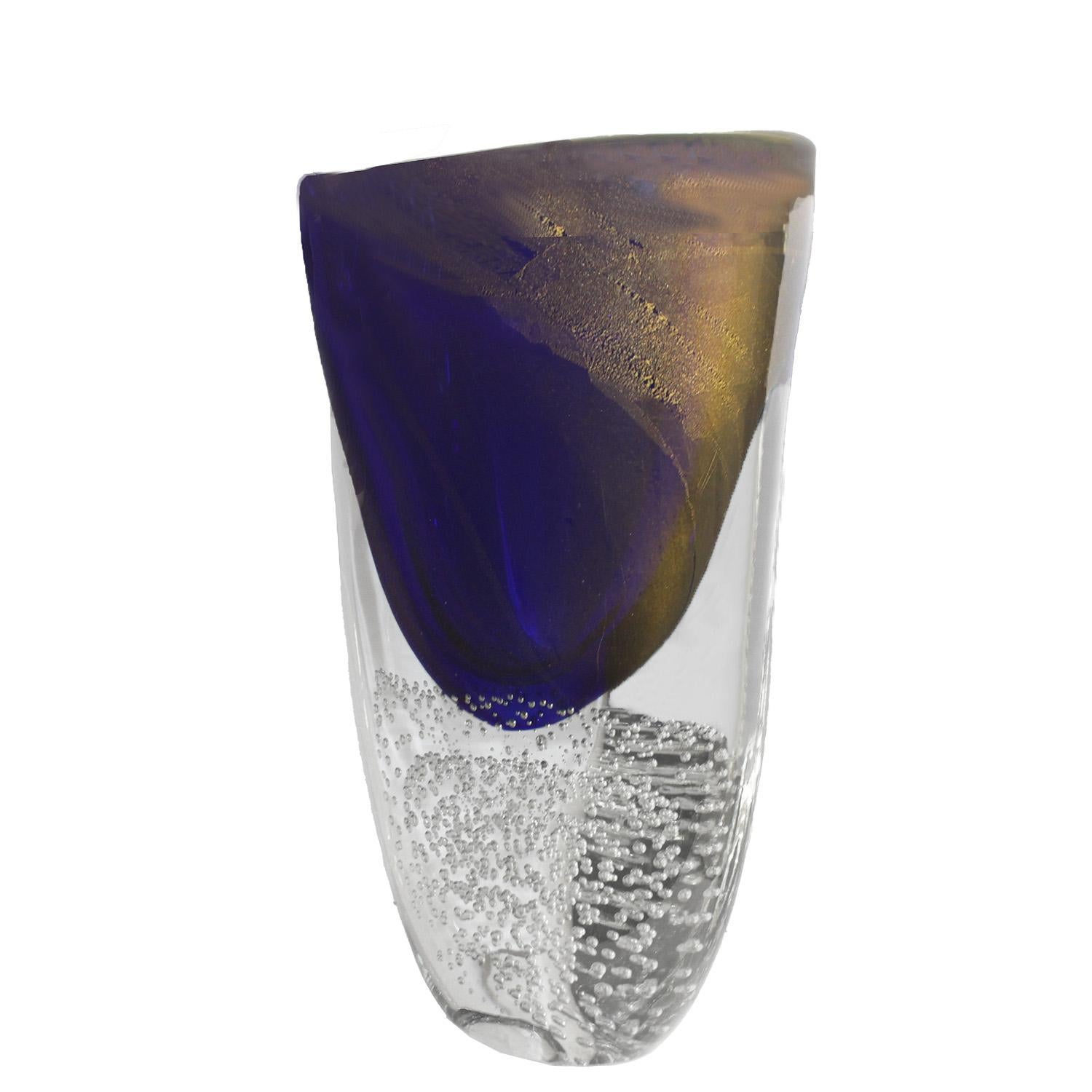 Exquisite deep blue sommerso glass with gold flakes within clear Murano bullicante glass. Expertly handcrafted. Each piece slightly differs in size, shape, and color due to the nature of the handmade process.

Italy, 2023.

Available for custom