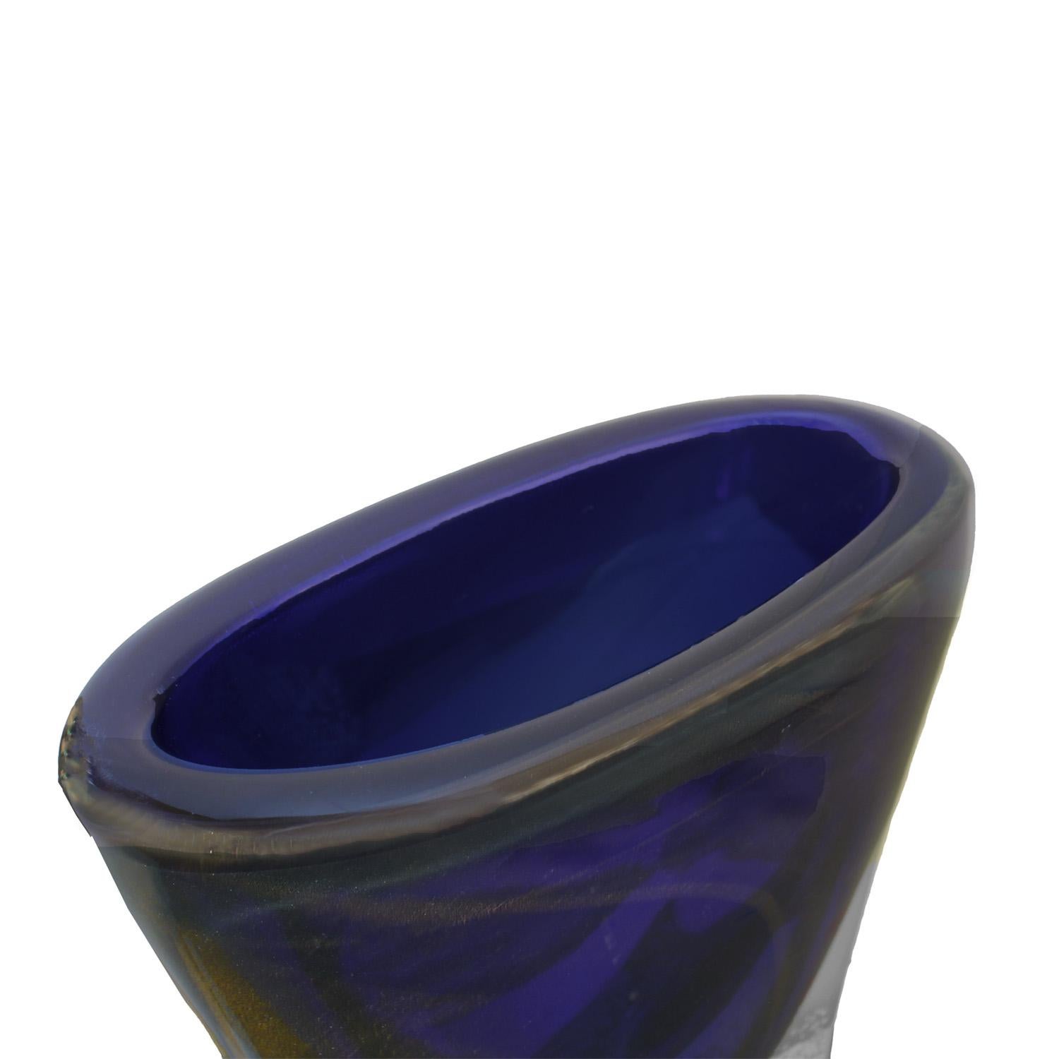 Italian Artisan Cobalt Blue Murano Sommerso Glass Vase with Gold Flakes For Sale