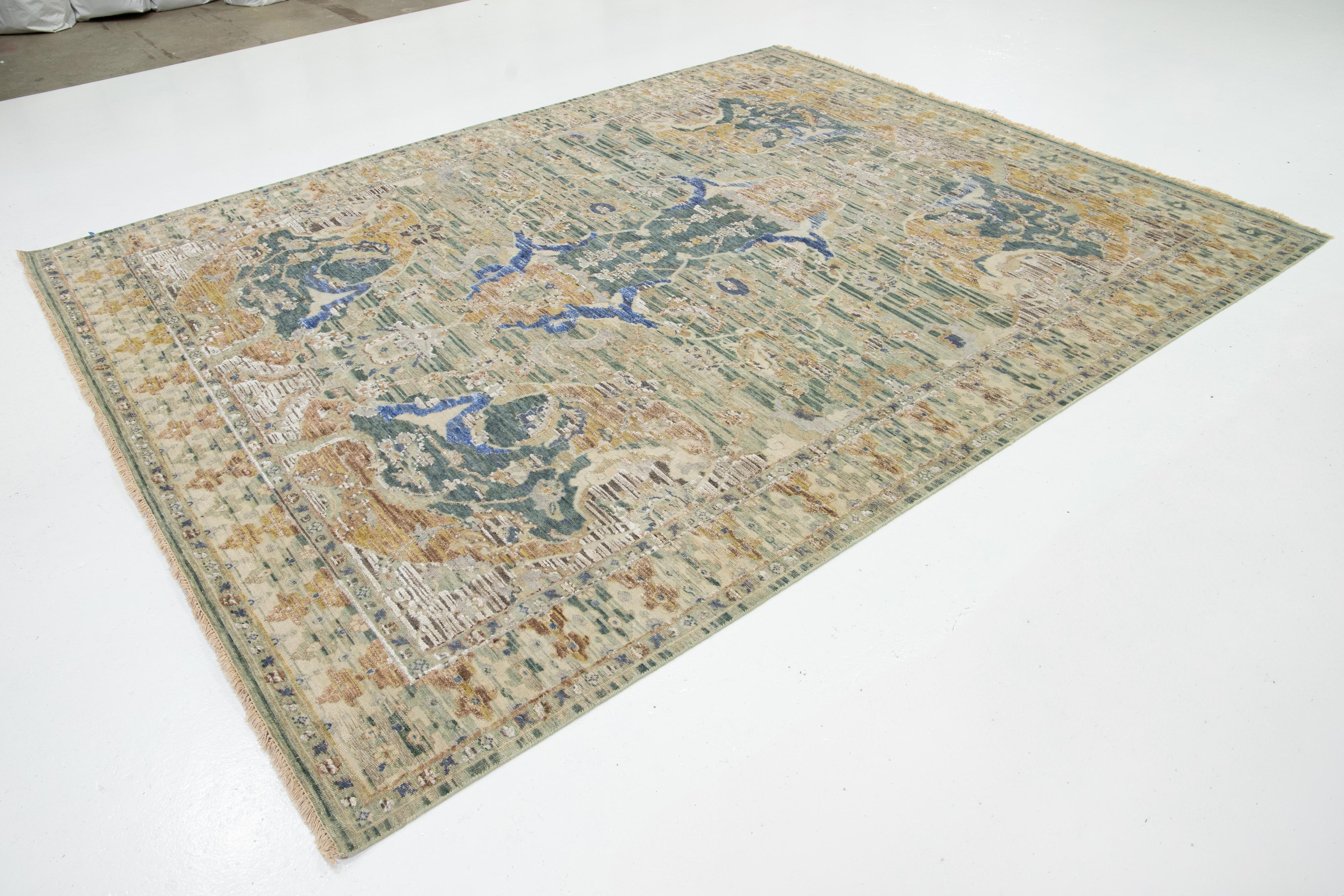 Modern Artisan Collection Handmade Indian Wool & Silk Rug In Green With Floral Design For Sale