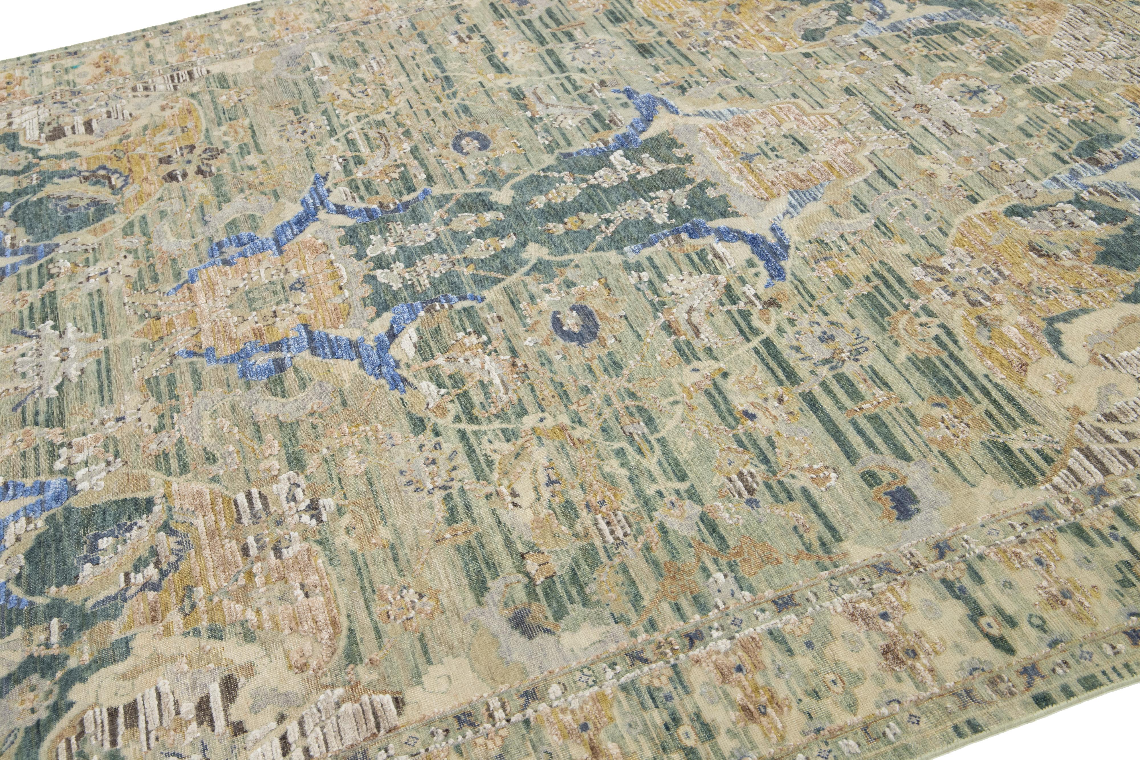 Hand-Knotted Artisan Collection Handmade Indian Wool & Silk Rug In Green With Floral Design For Sale