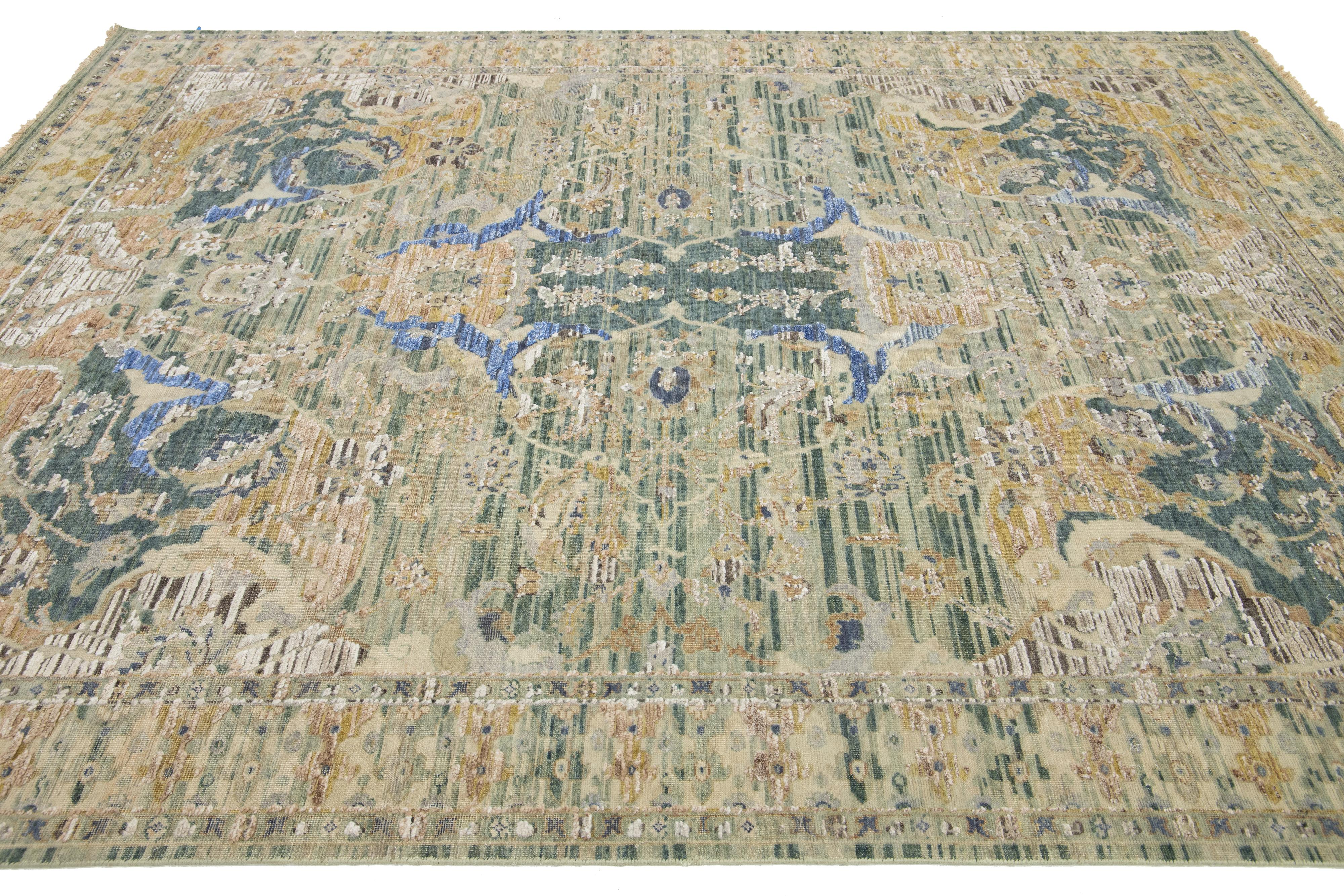 Contemporary Artisan Collection Handmade Indian Wool & Silk Rug In Green With Floral Design For Sale