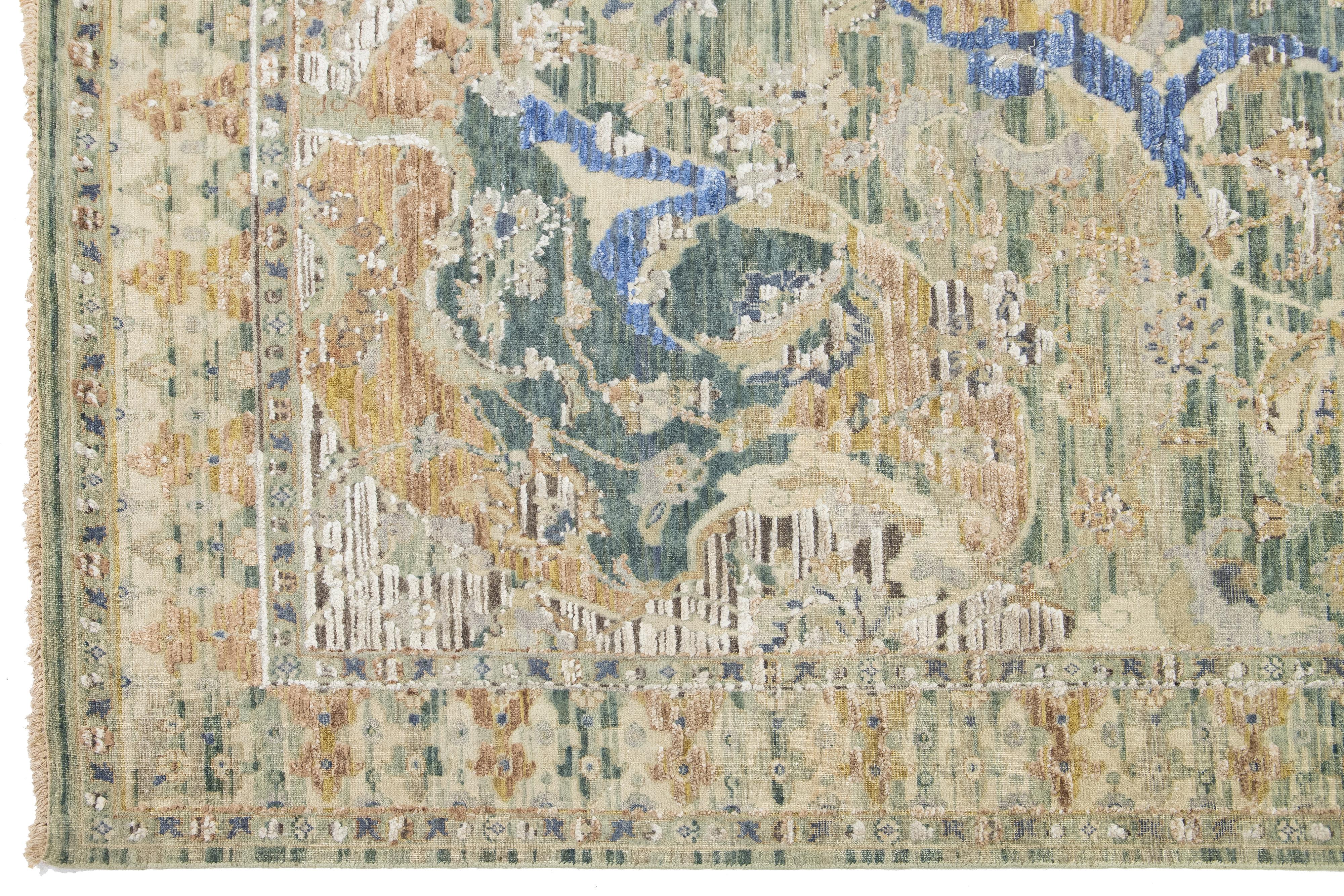 Artisan Collection Handmade Indian Wool & Silk Rug In Green With Floral Design For Sale 1