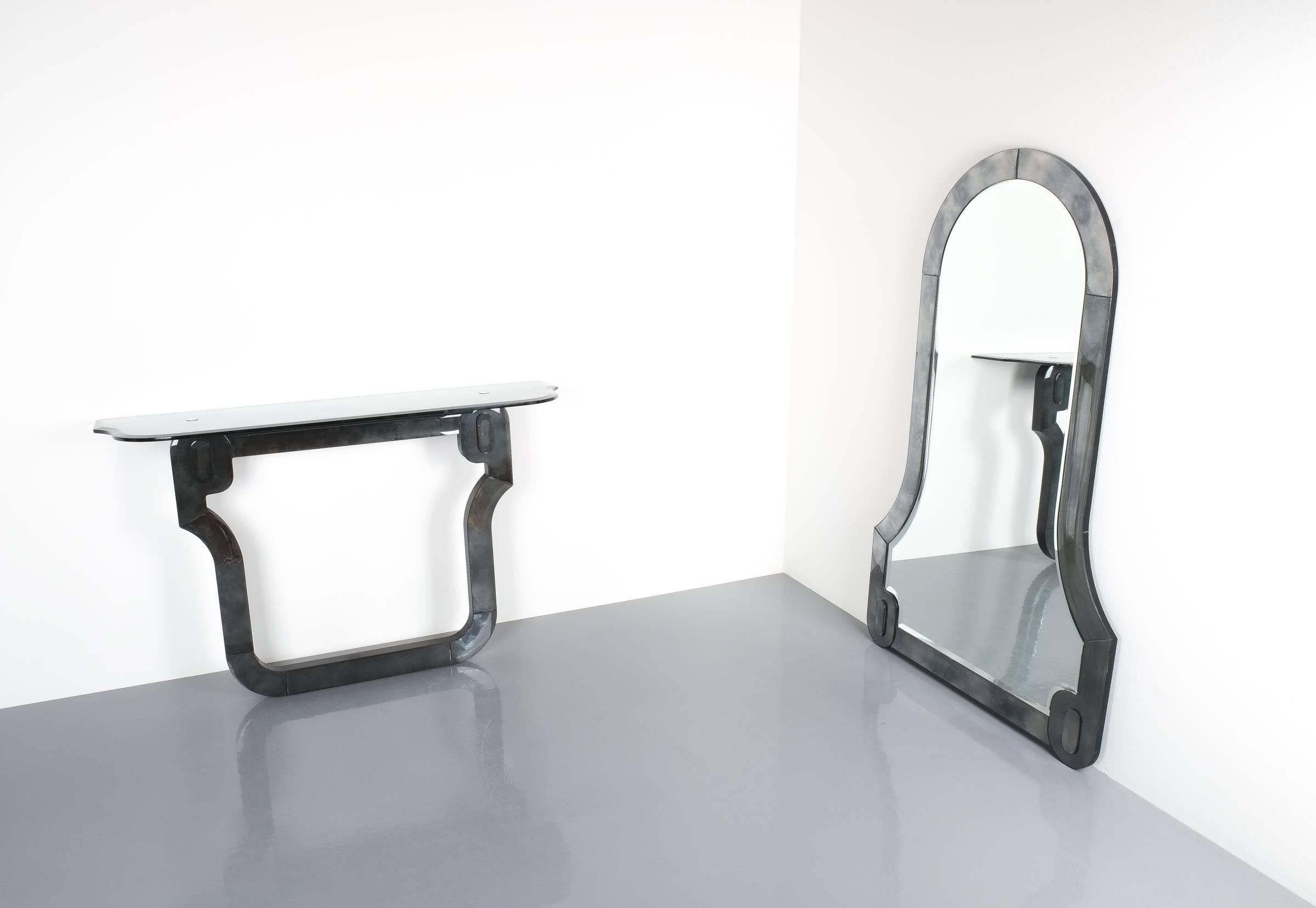 Artisan console table and mirror glass Neo-Baroque, Italy, 1980. 

Measurements for the console table are: 46.45