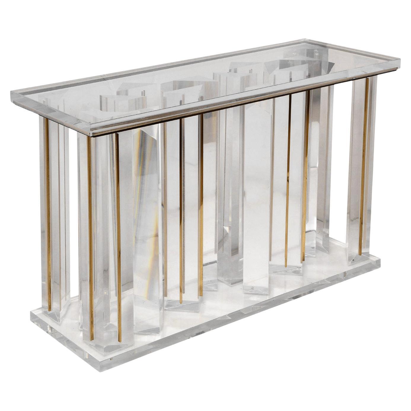 Artisan Console Table in Lucite with Brass Accents, 1970s