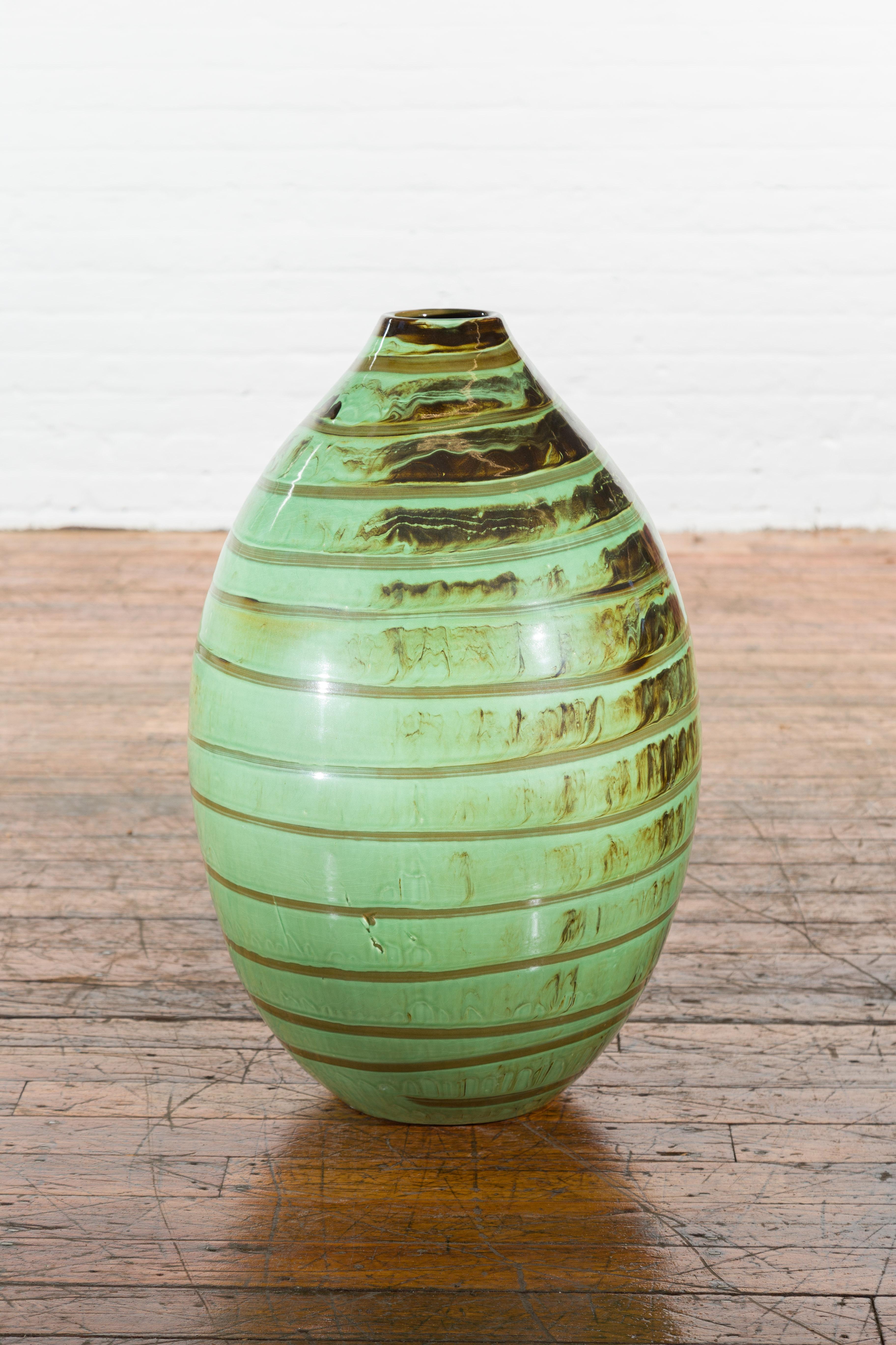 Artisan Contemporary Green and Brown Glaze Ceramic Vase with Spiral Decor For Sale 4