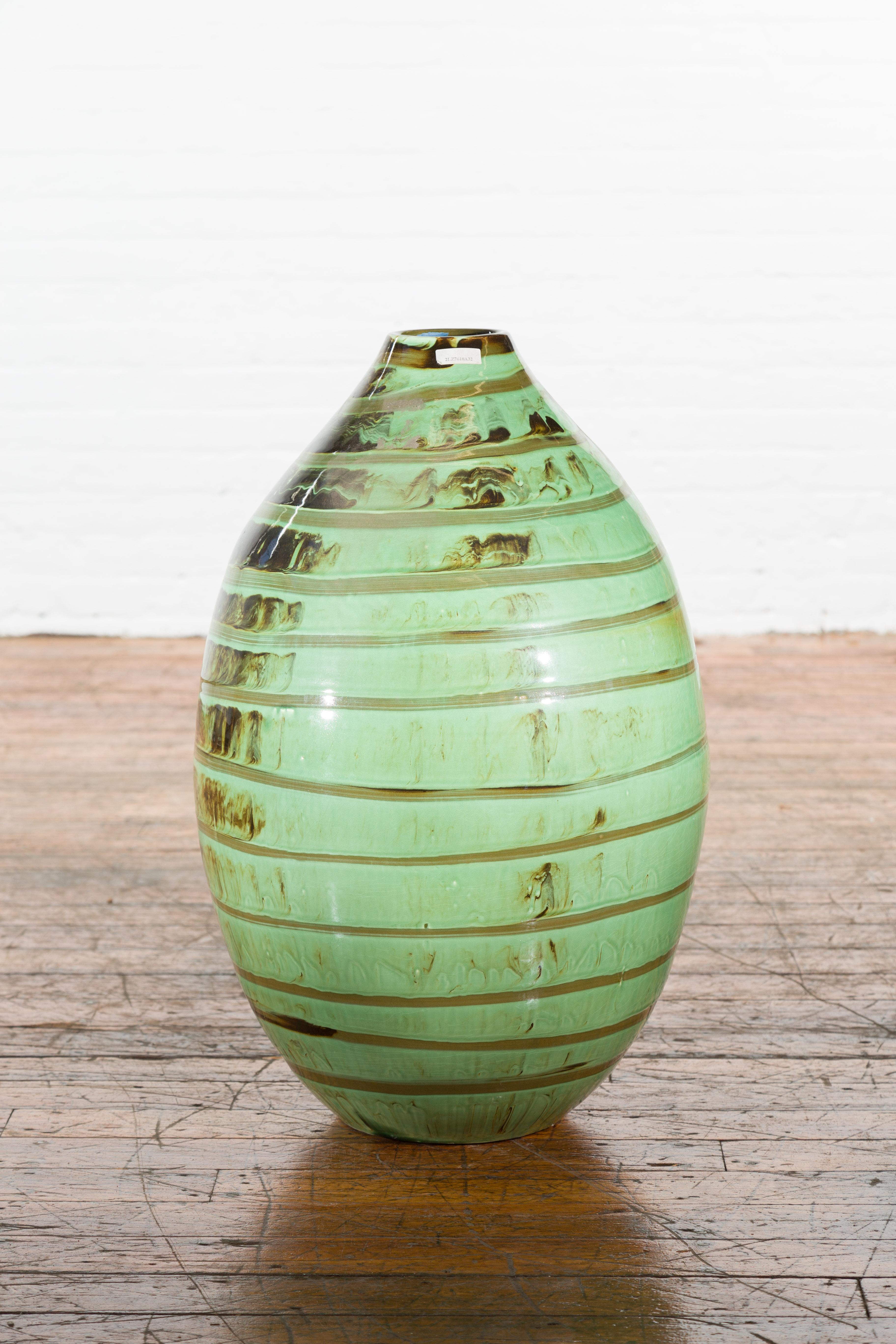 Artisan Contemporary Green and Brown Glaze Ceramic Vase with Spiral Decor For Sale 5
