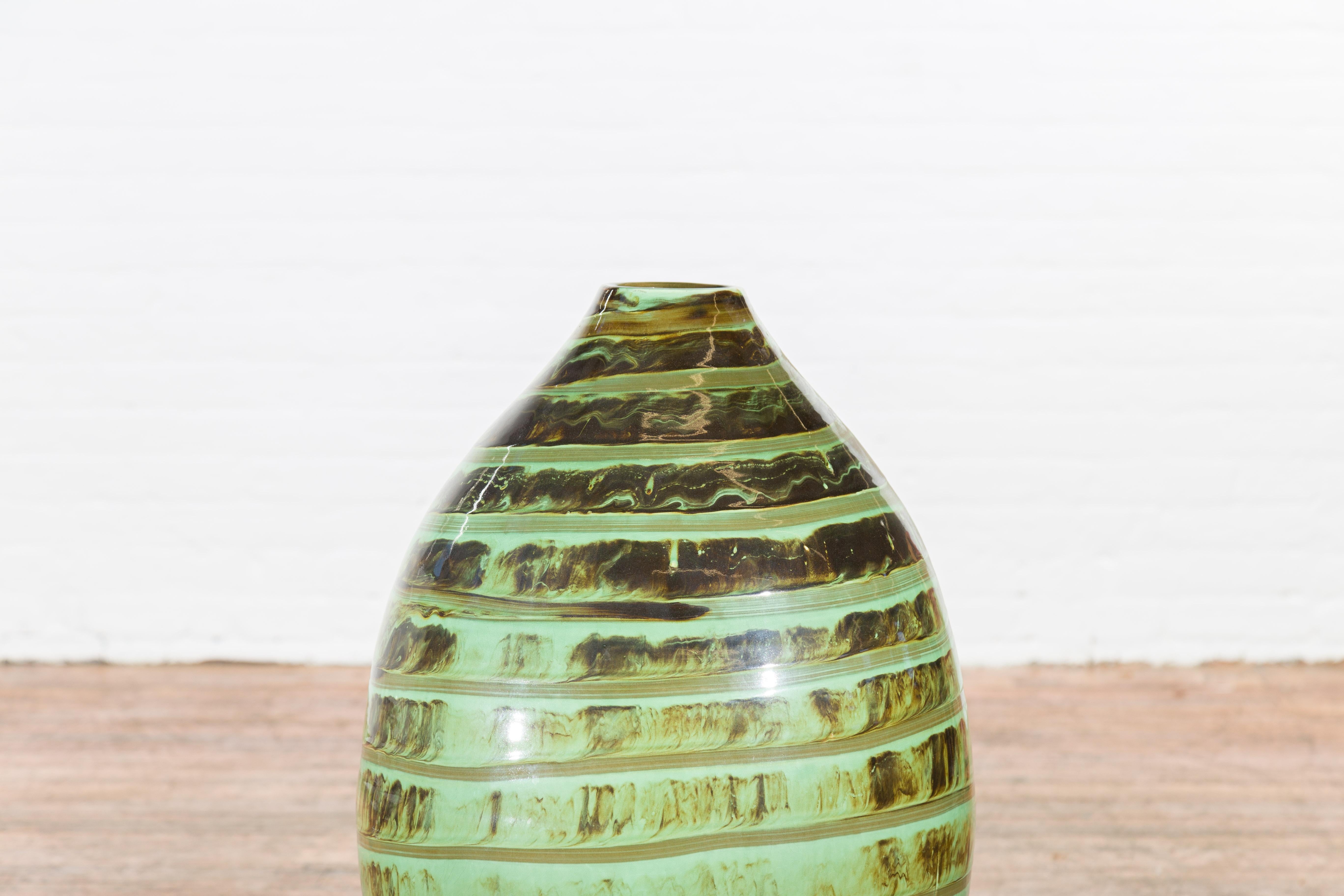 Artisan Contemporary Green and Brown Glaze Ceramic Vase with Spiral Decor For Sale 6