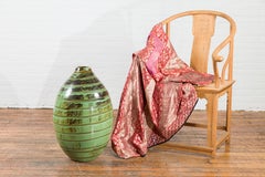 Large Olive-Shaped Ceramic Vase with Spiraling Green and Brown Glaze