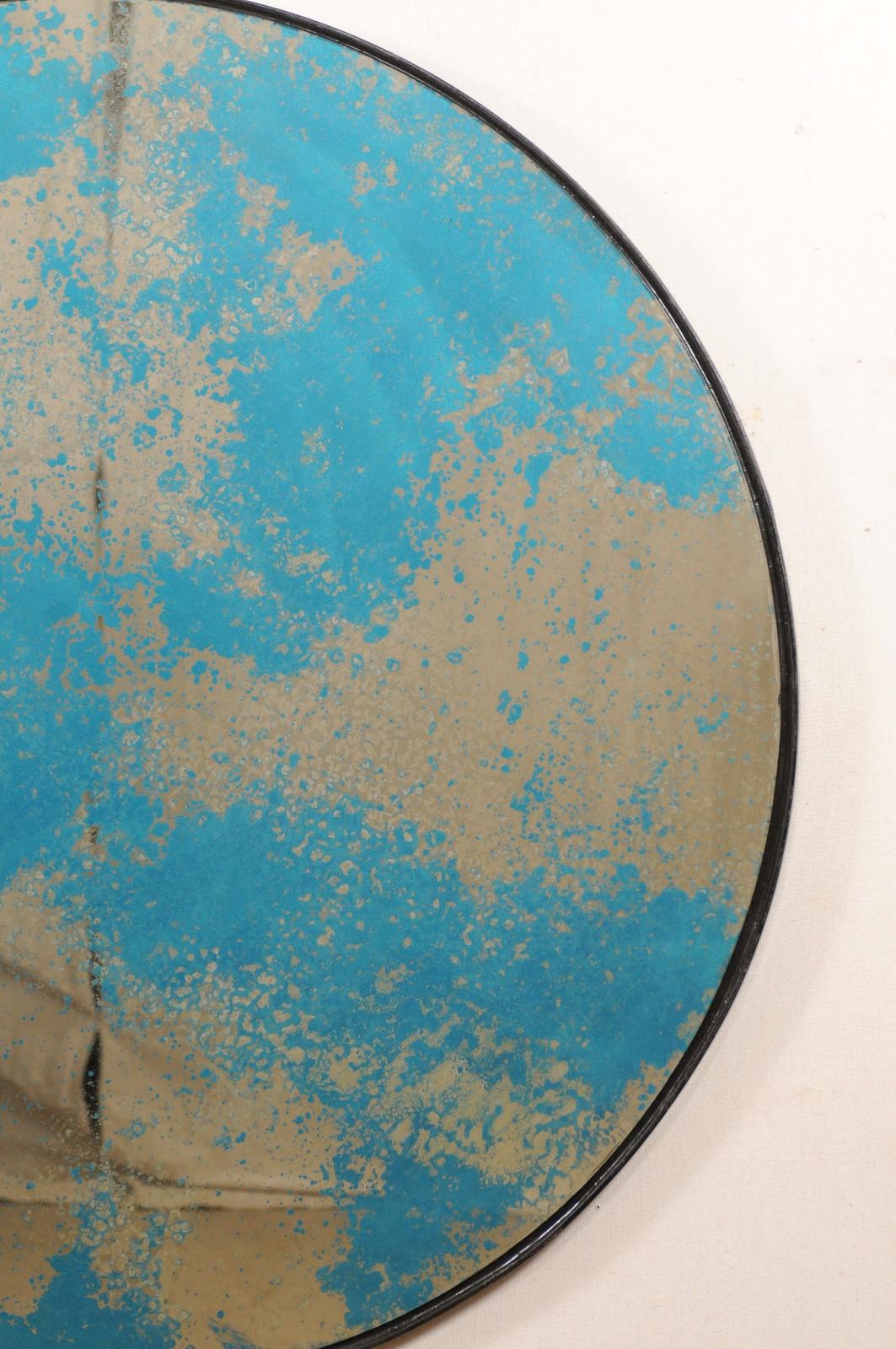 American Artisan Crafted Round-Shaped Mirror with Blue/Green Antiqued Glass For Sale